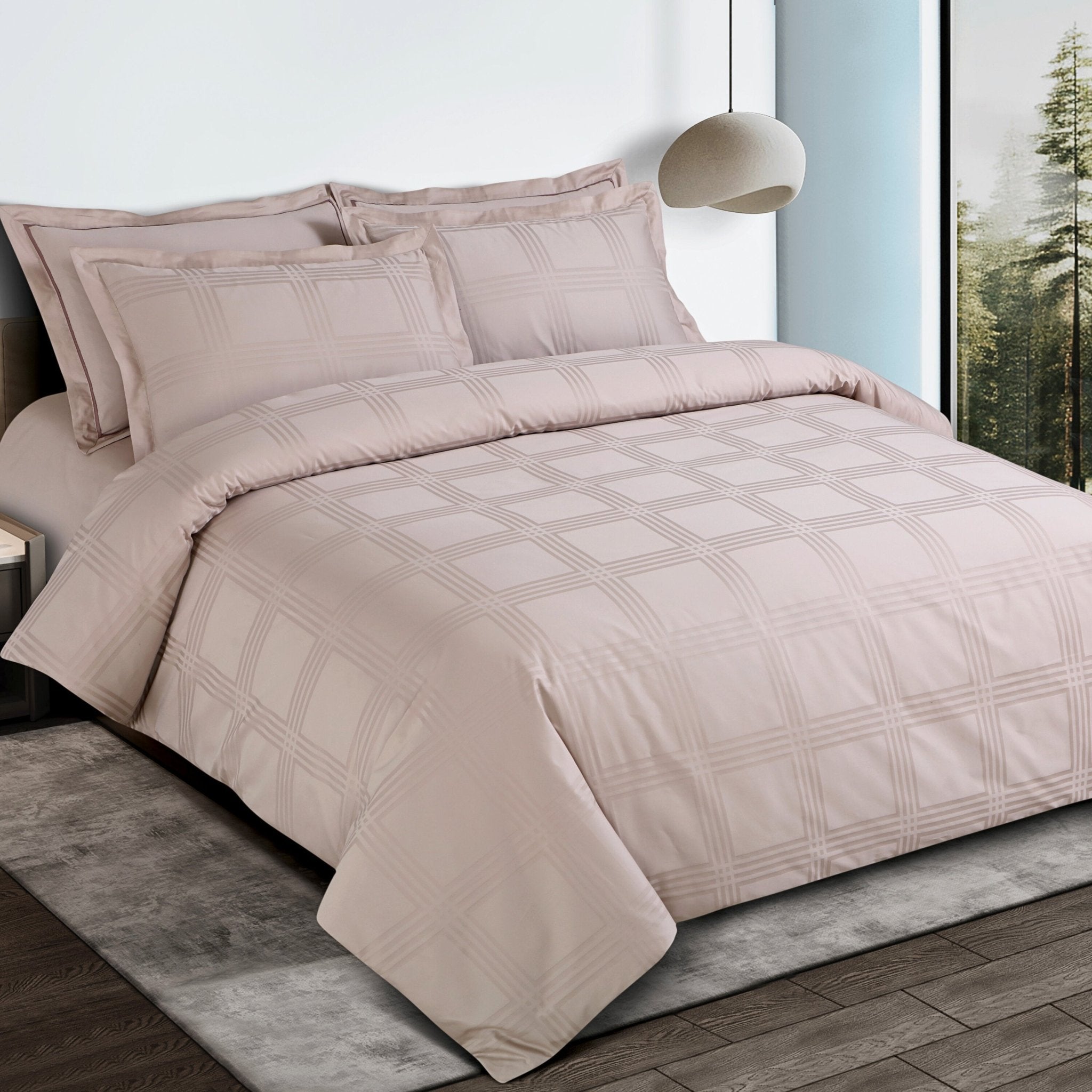 Malako Amalfi Jacquard Beige Checks 550 TC 100% Cotton King Size Bedding - MALAKO