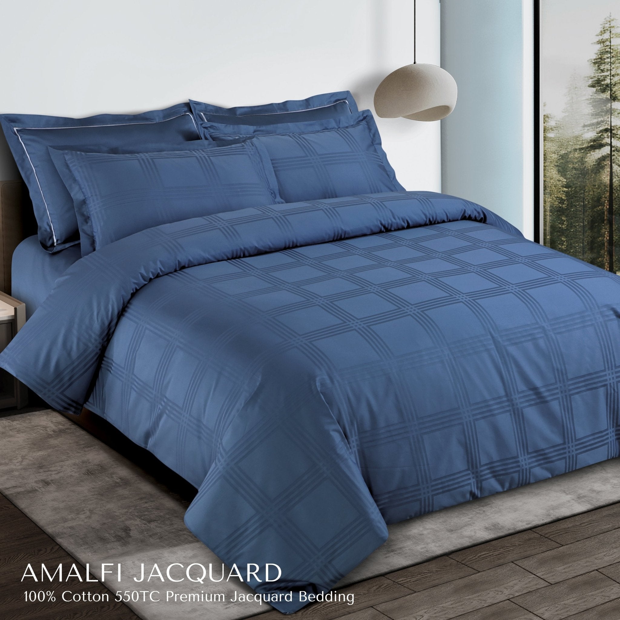 Malako Amalfi Jacquard Blue Checks 550 TC 100% Cotton King Size Bedding - MALAKO