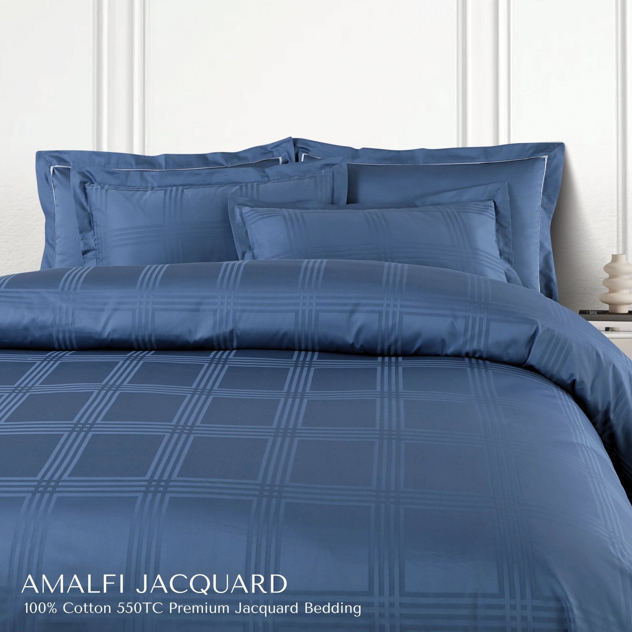 Malako Amalfi Jacquard Blue Checks 550 TC 100% Cotton King Size Bedding - MALAKO