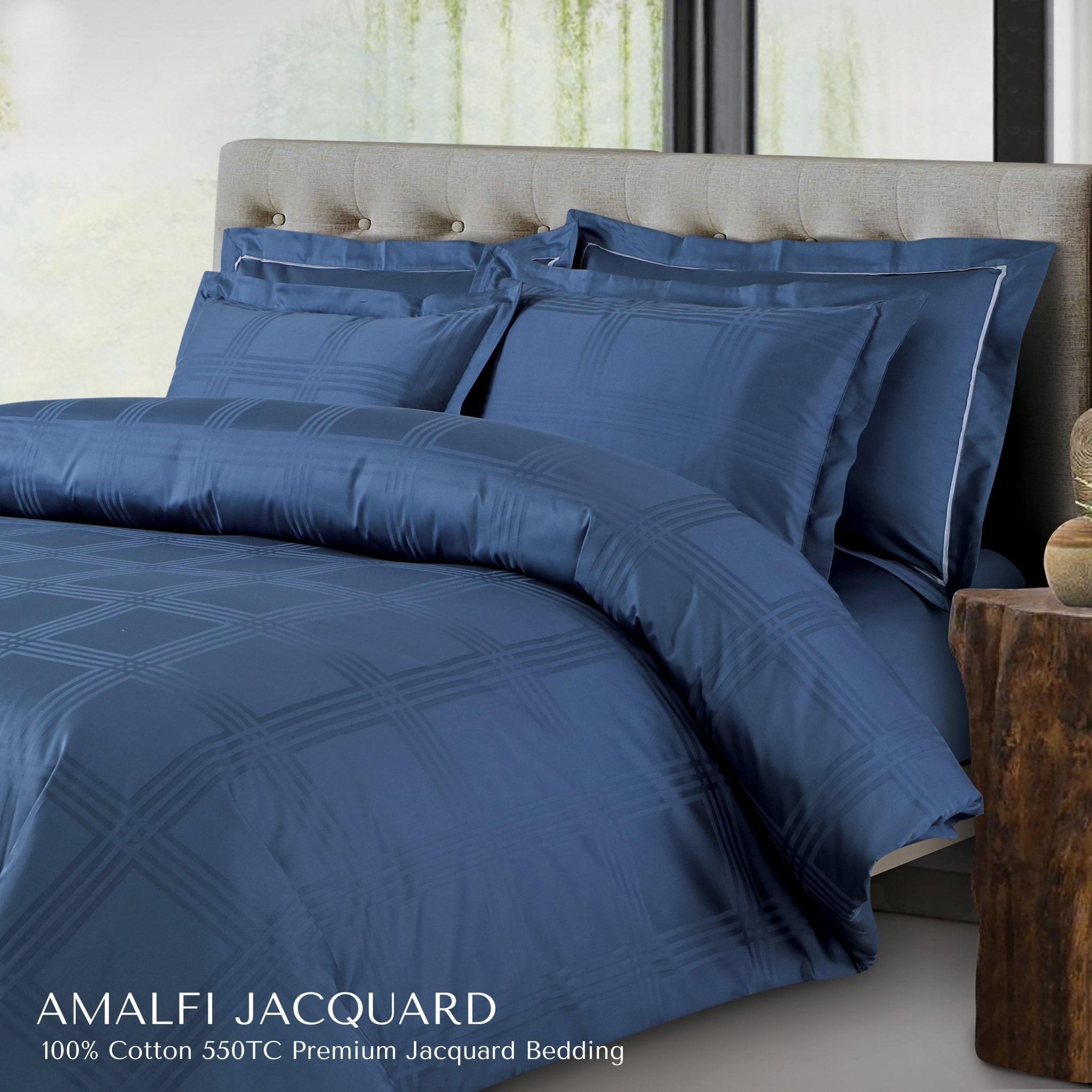 Malako Amalfi Jacquard Blue Checks 550 TC 100% Cotton King Size Bedding - MALAKO