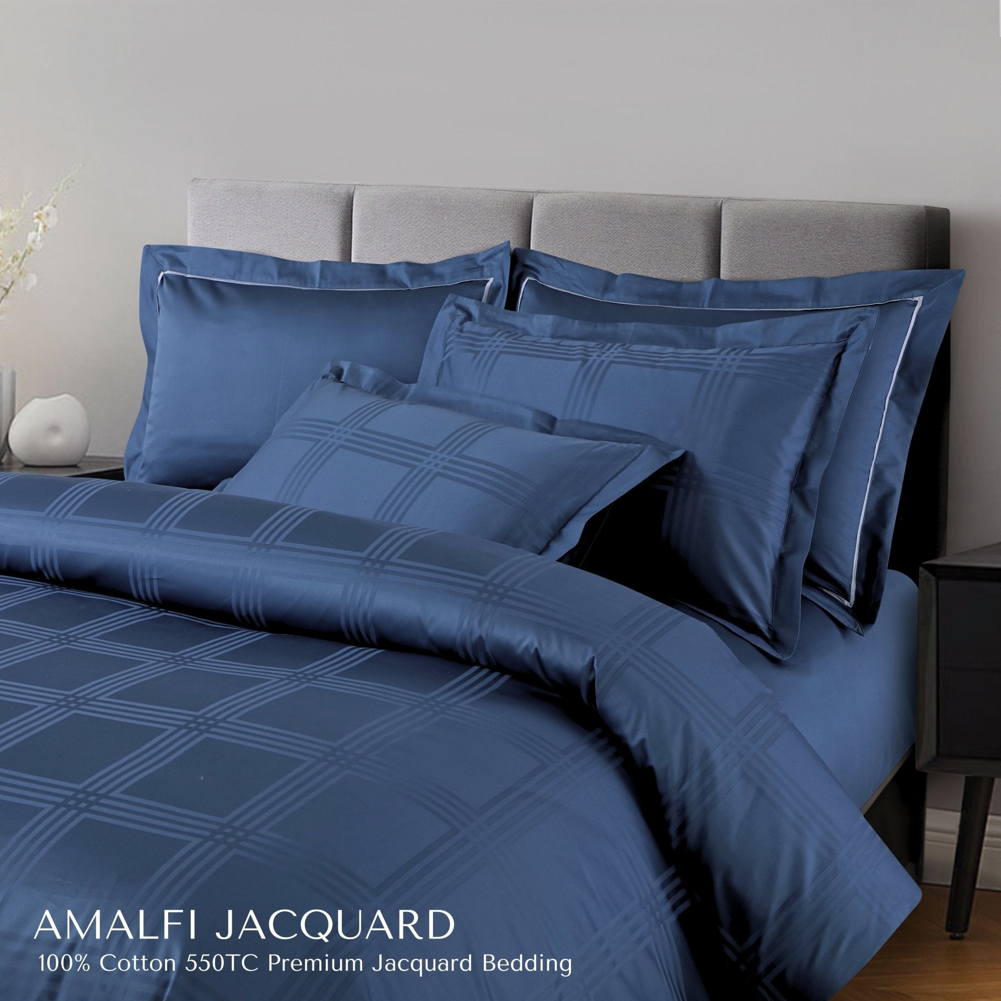 Malako Amalfi Jacquard Blue Checks 550 TC 100% Cotton King Size Bedding - MALAKO