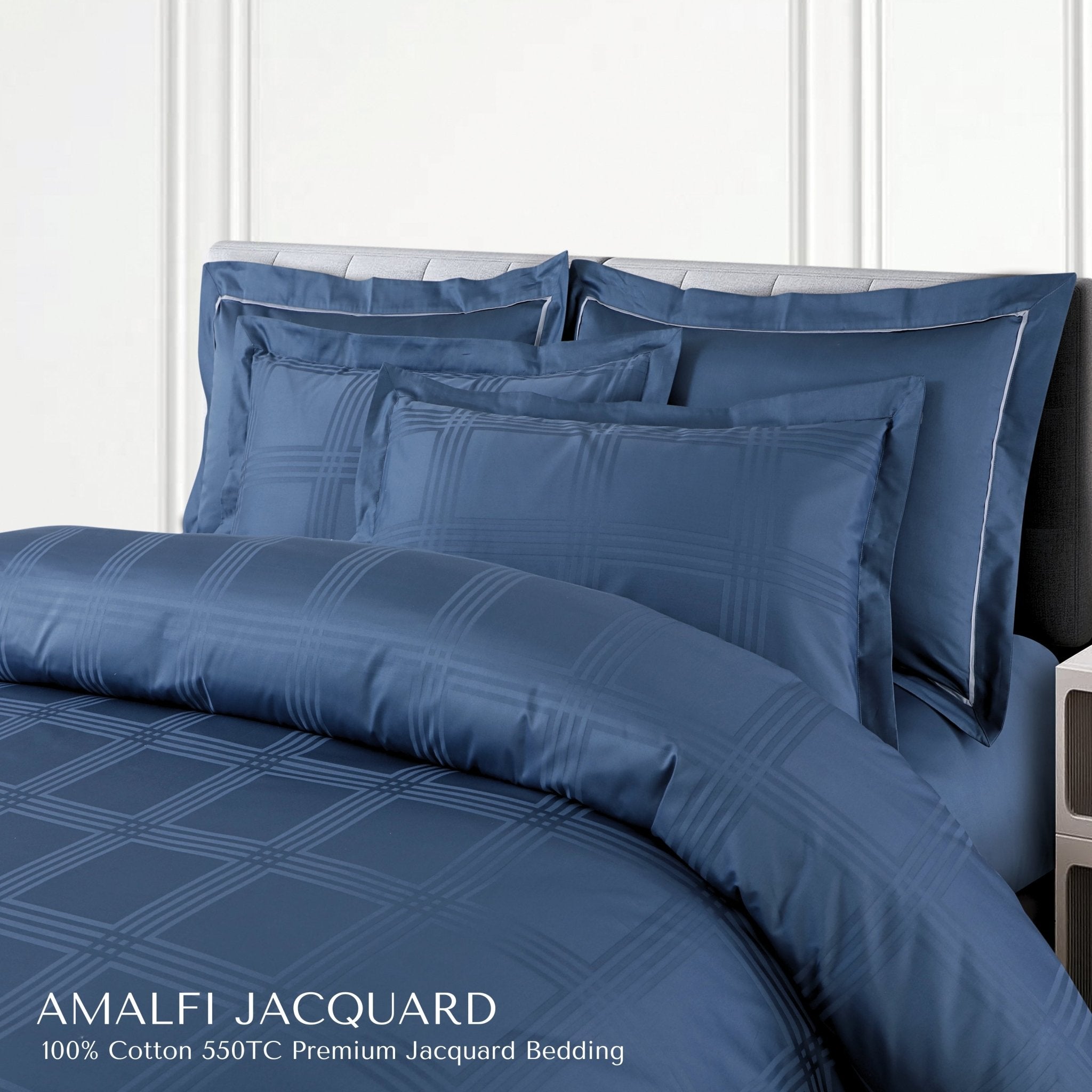 Malako Amalfi Jacquard Blue Checks 550 TC 100% Cotton King Size Bedding - MALAKO