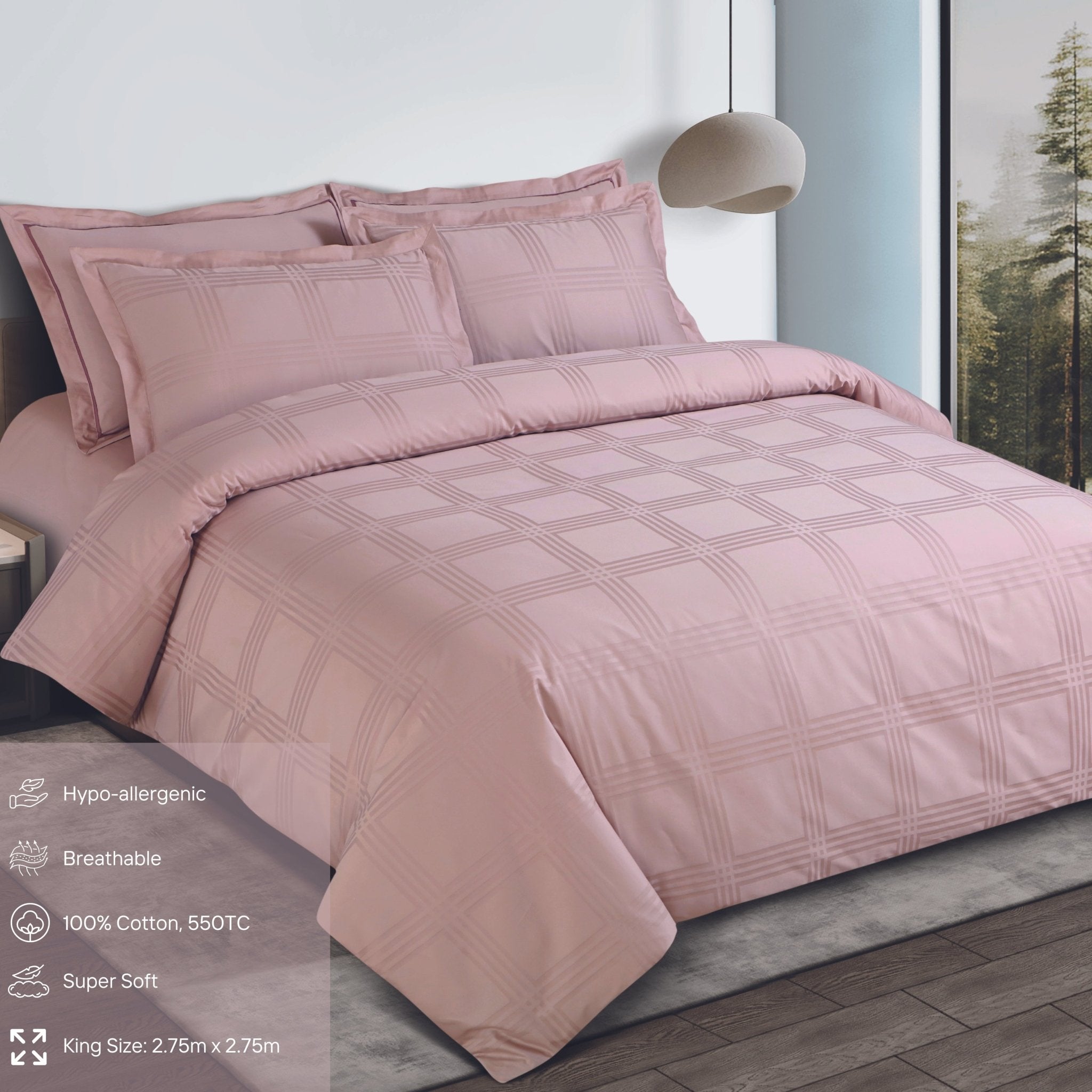 Malako Amalfi Jacquard Blush Pink Checks 550 TC 100% Cotton King Size Bedding - MALAKO