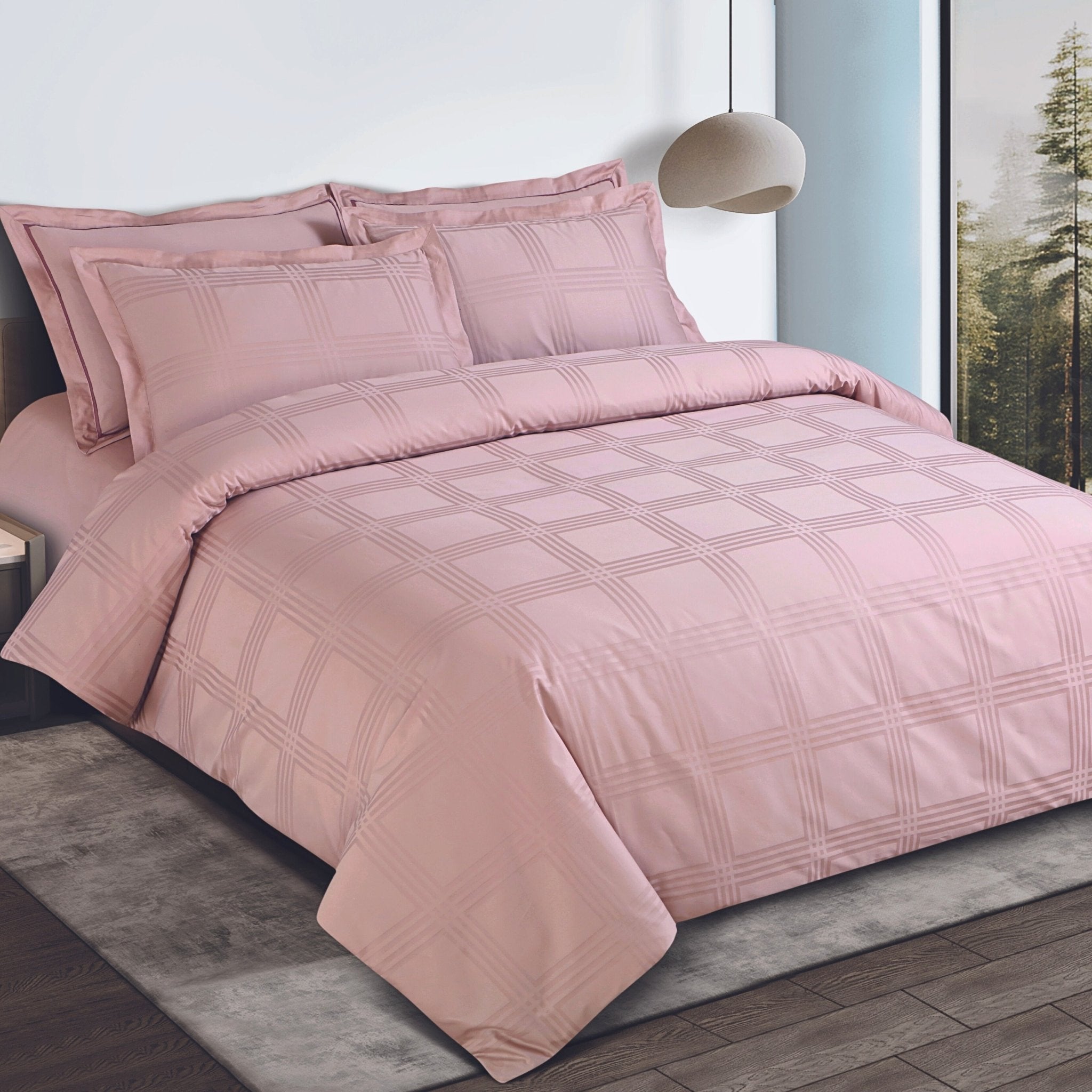 Malako Amalfi Jacquard Blush Pink Checks 550 TC 100% Cotton King Size Bedding - MALAKO