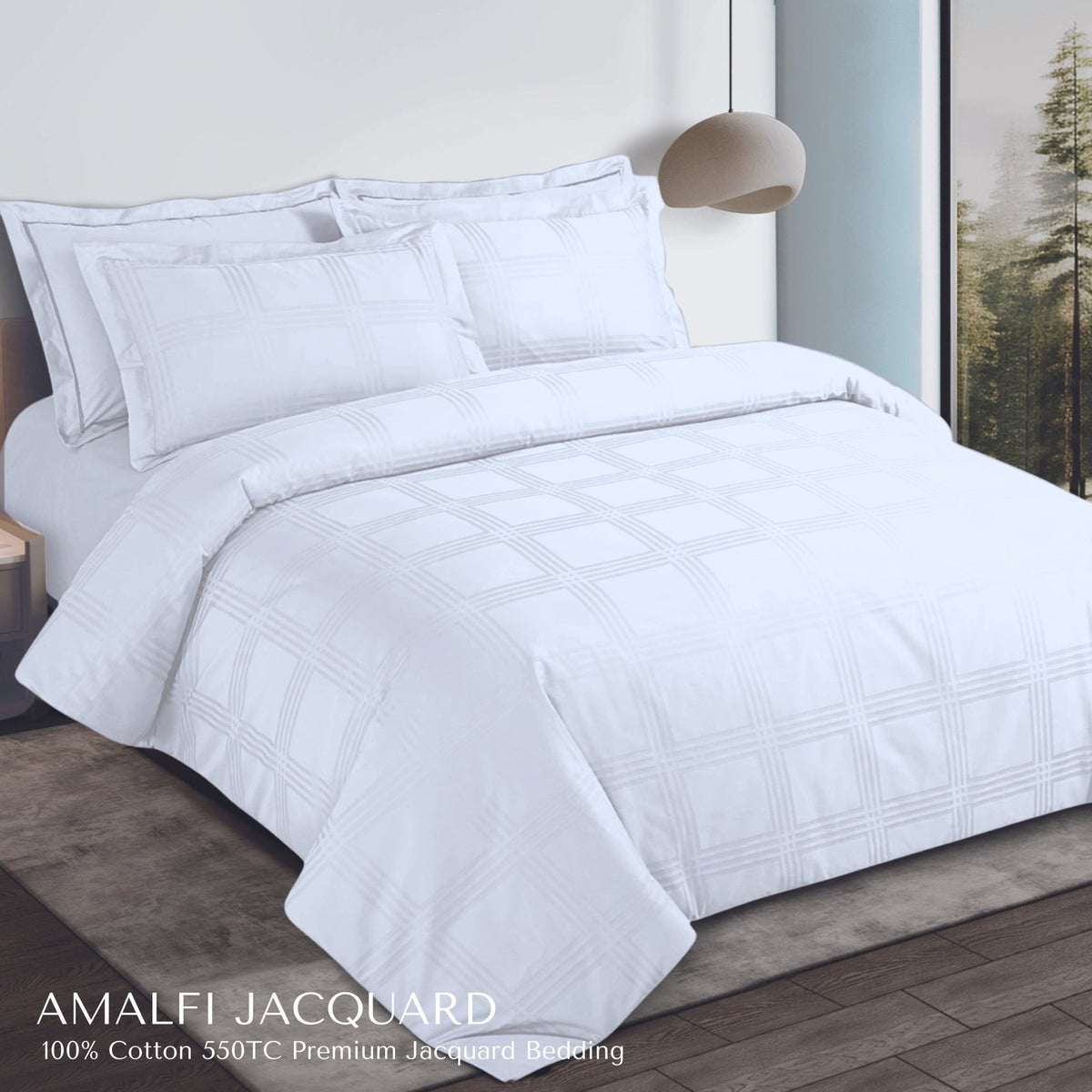 Malako Amalfi Jacquard Brilliant White Checks 550 TC 100% Cotton King Size Bedding - MALAKO