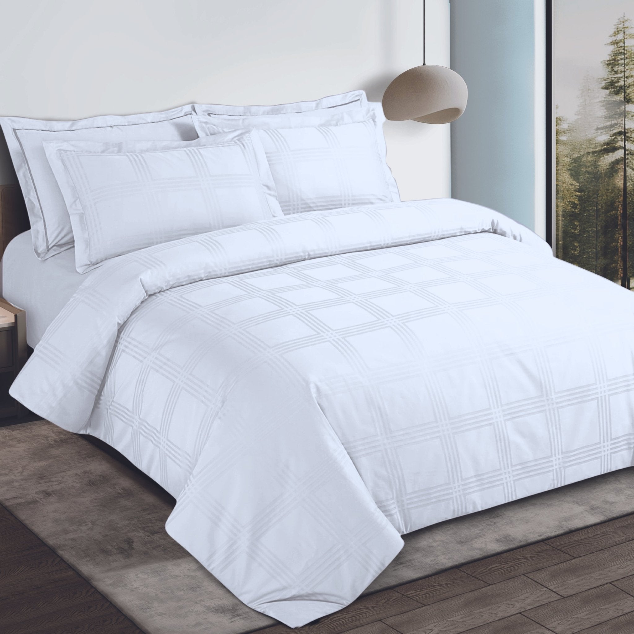 Malako Amalfi Jacquard Brilliant White Checks 550 TC 100% Cotton King Size Bedding - MALAKO