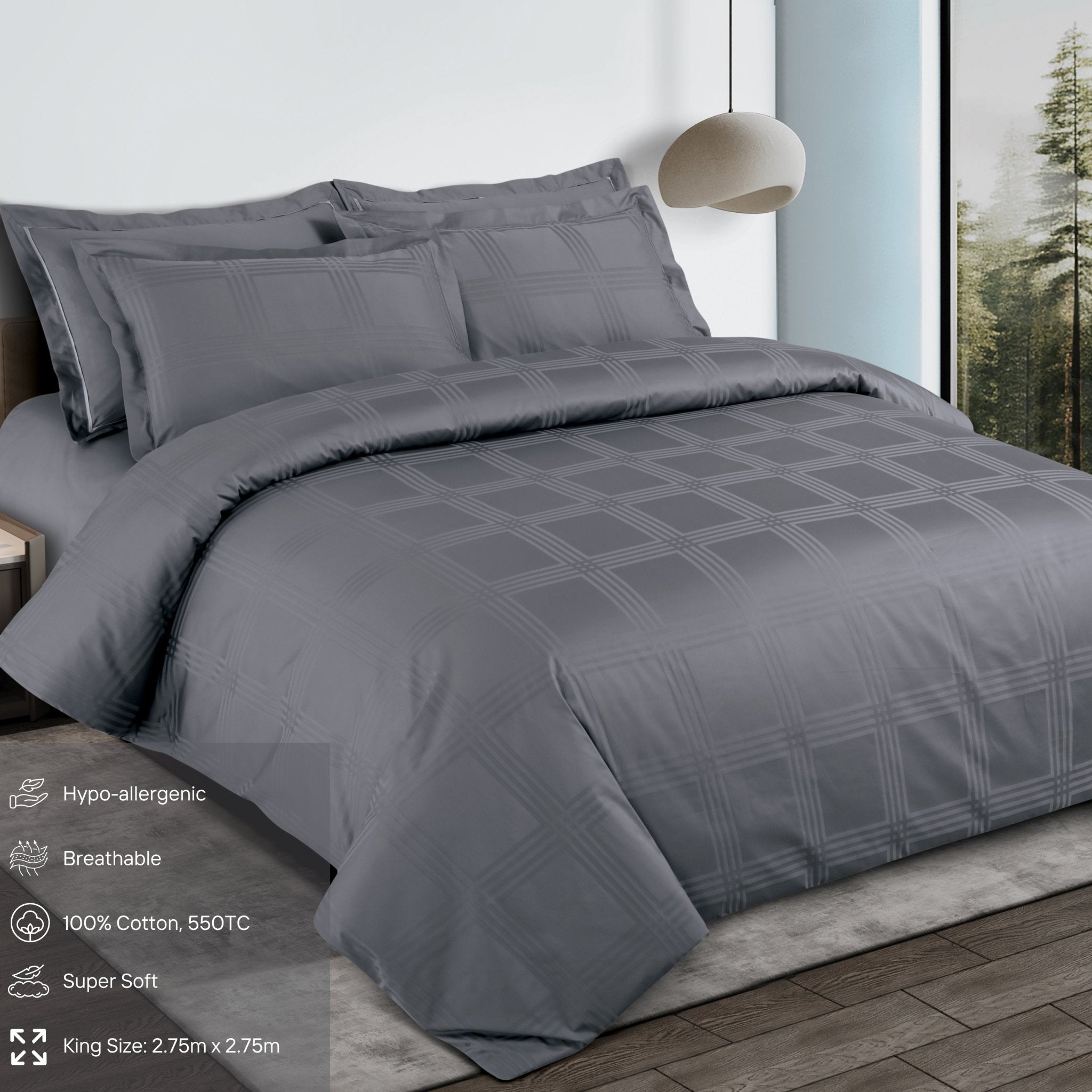 Malako Amalfi Jacquard Grey Checks 550 TC 100% Cotton King Size Bedding - MALAKO