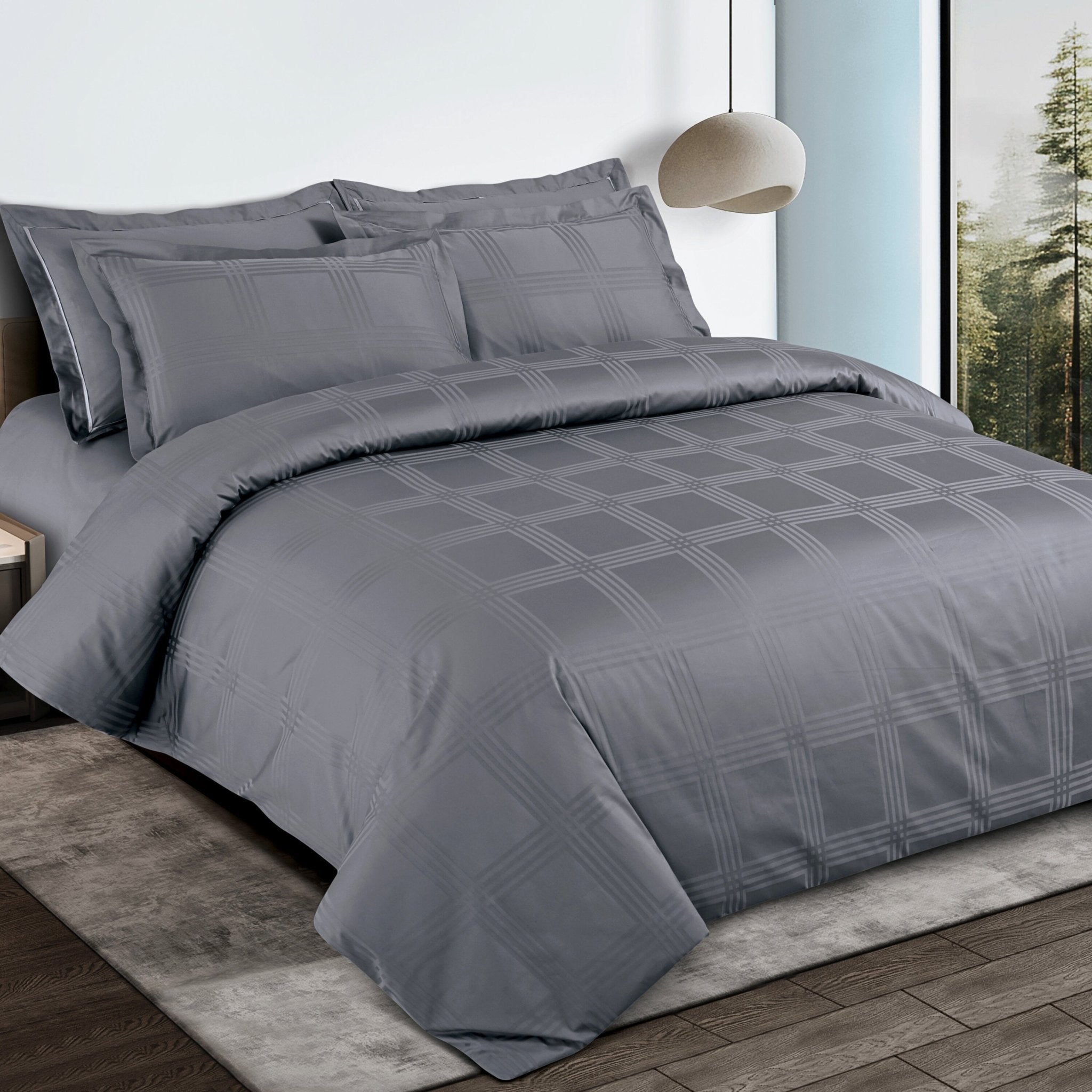 Malako Amalfi Jacquard Grey Checks 550 TC 100% Cotton King Size Bedding - MALAKO