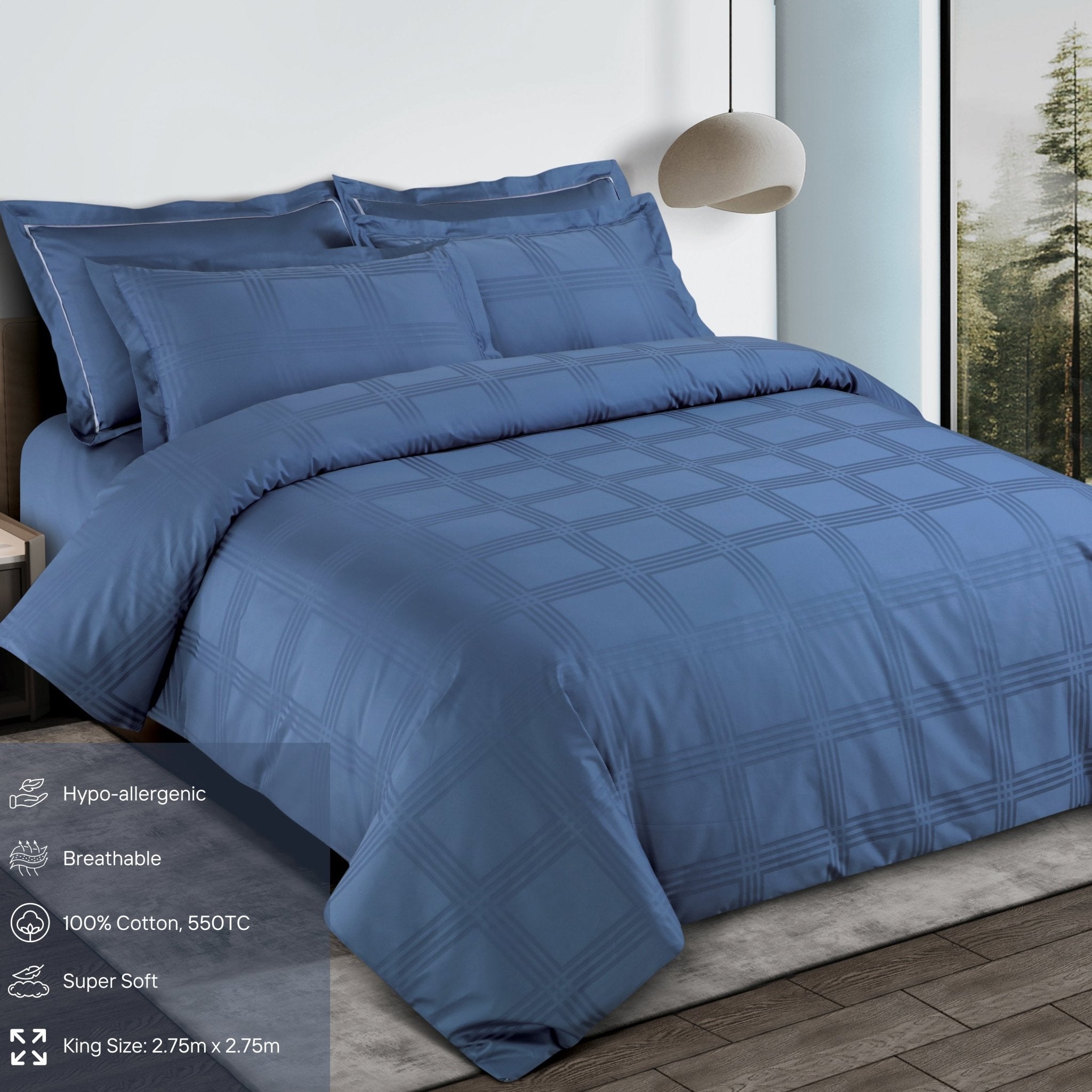 Malako Amalfi Jacquard Legion Blue Checks 550 TC 100% Cotton King Size Bedding - MALAKO