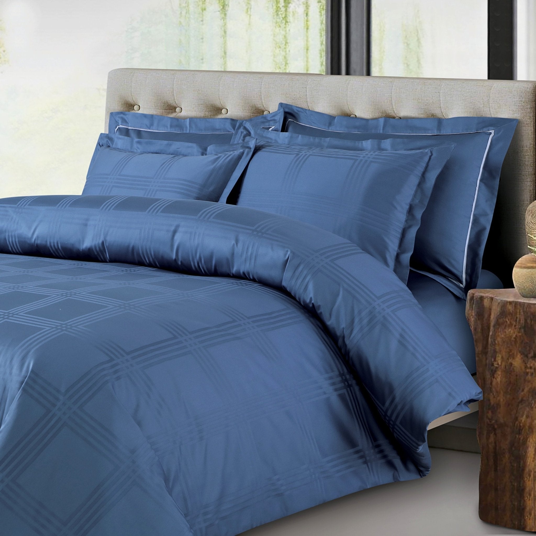 Malako Amalfi Jacquard Legion Blue Checks 550 TC 100% Cotton King Size Bedding - MALAKO