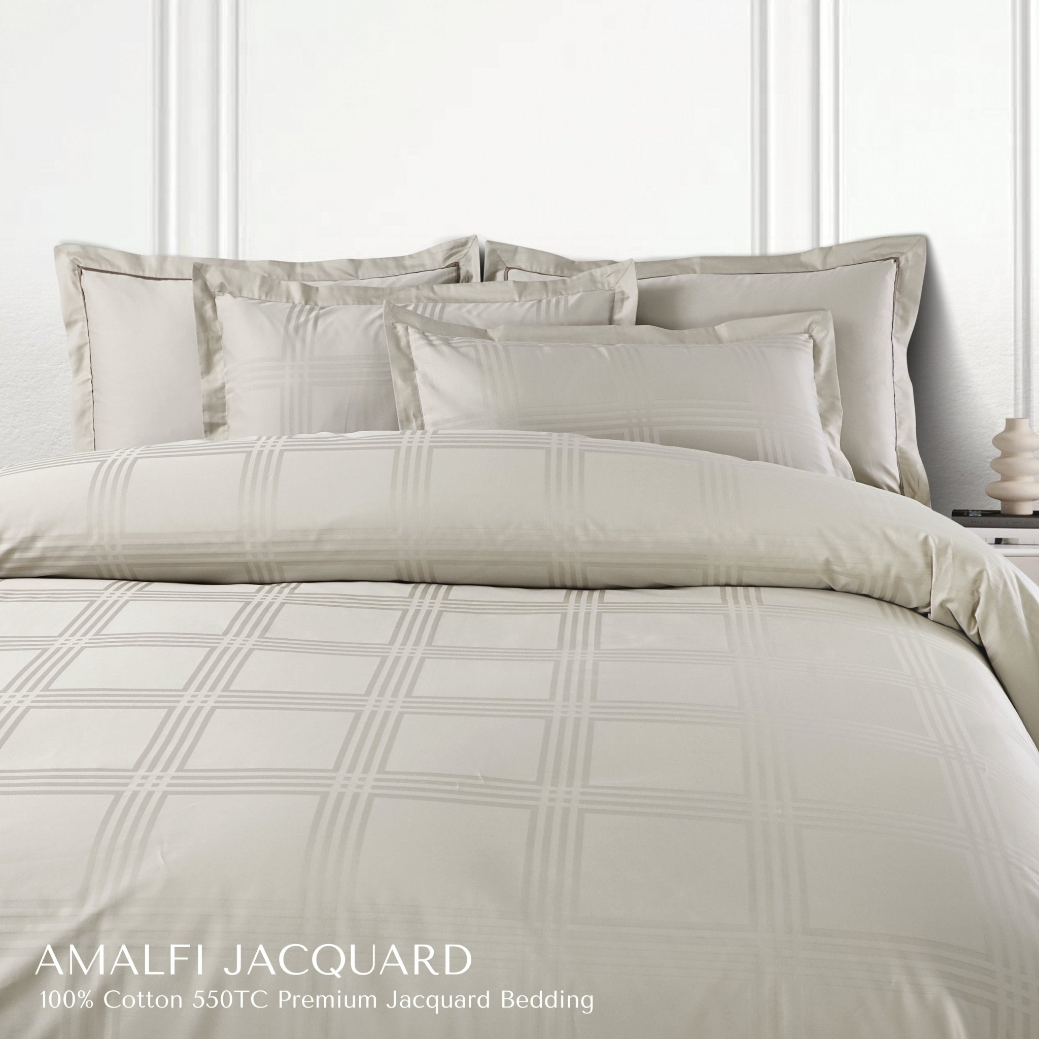 Malako Amalfi Jacquard Olive Beige Checks 550 TC 100% Cotton King Size Bedding - MALAKO