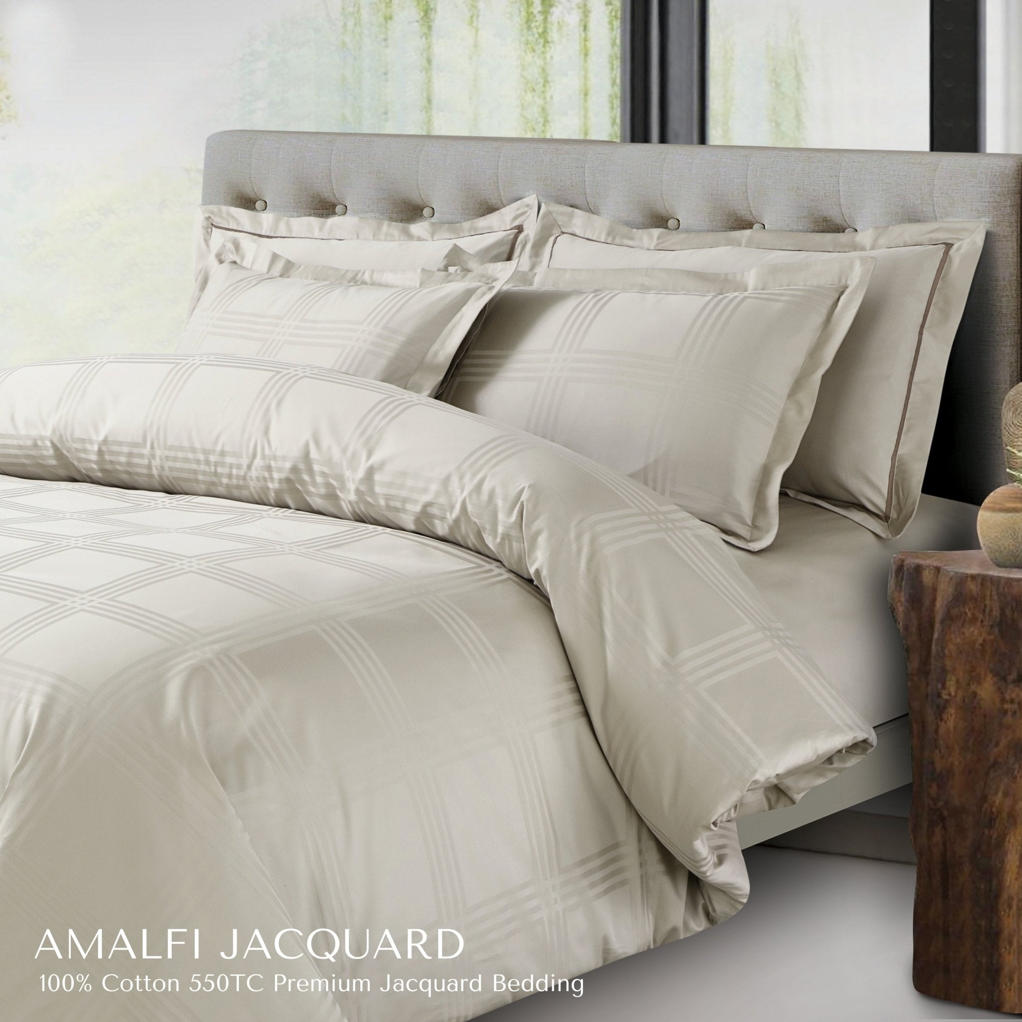 Malako Amalfi Jacquard Olive Beige Checks 550 TC 100% Cotton King Size Bedding - MALAKO