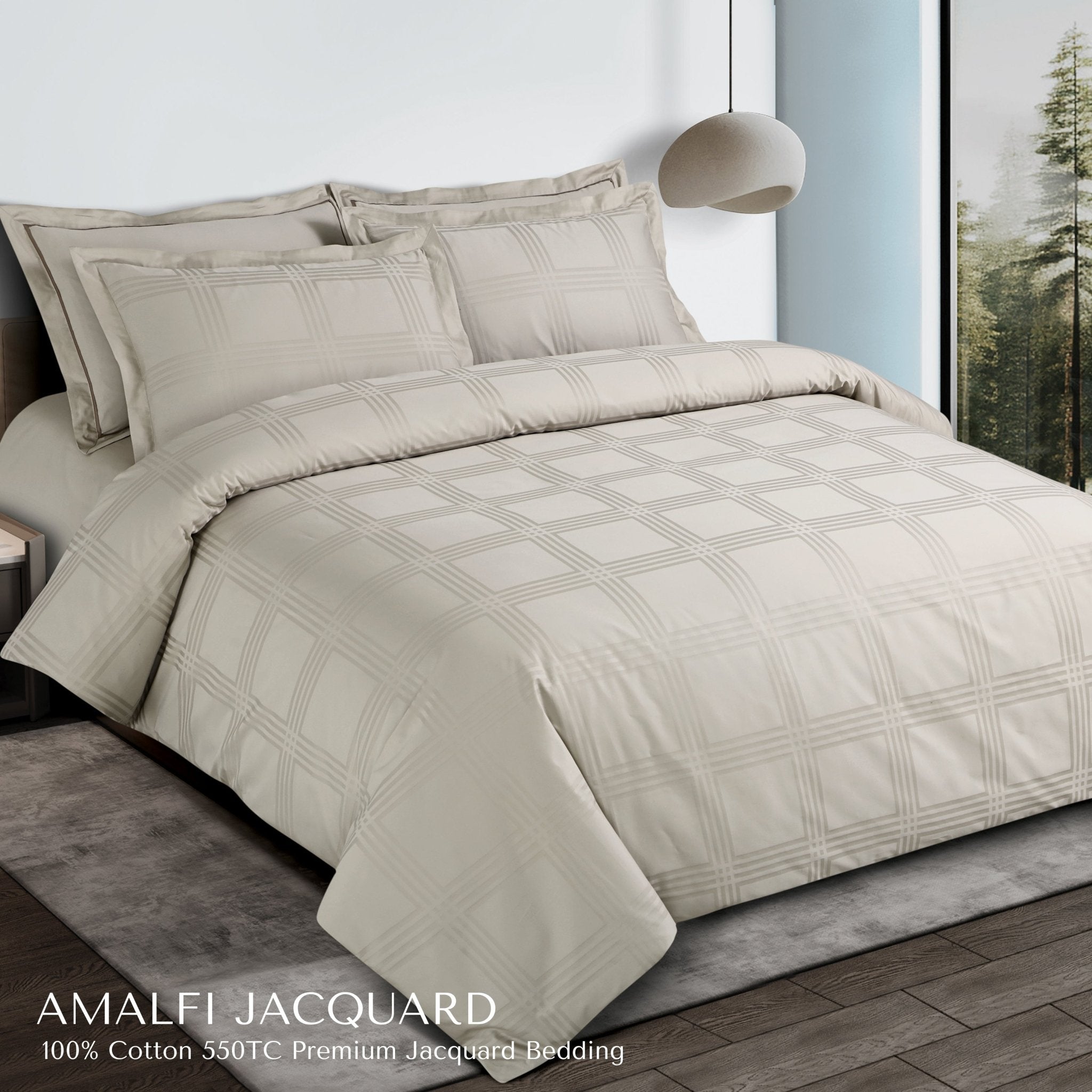 Malako Amalfi Jacquard Olive Beige Checks 550 TC 100% Cotton King Size Bedding - MALAKO