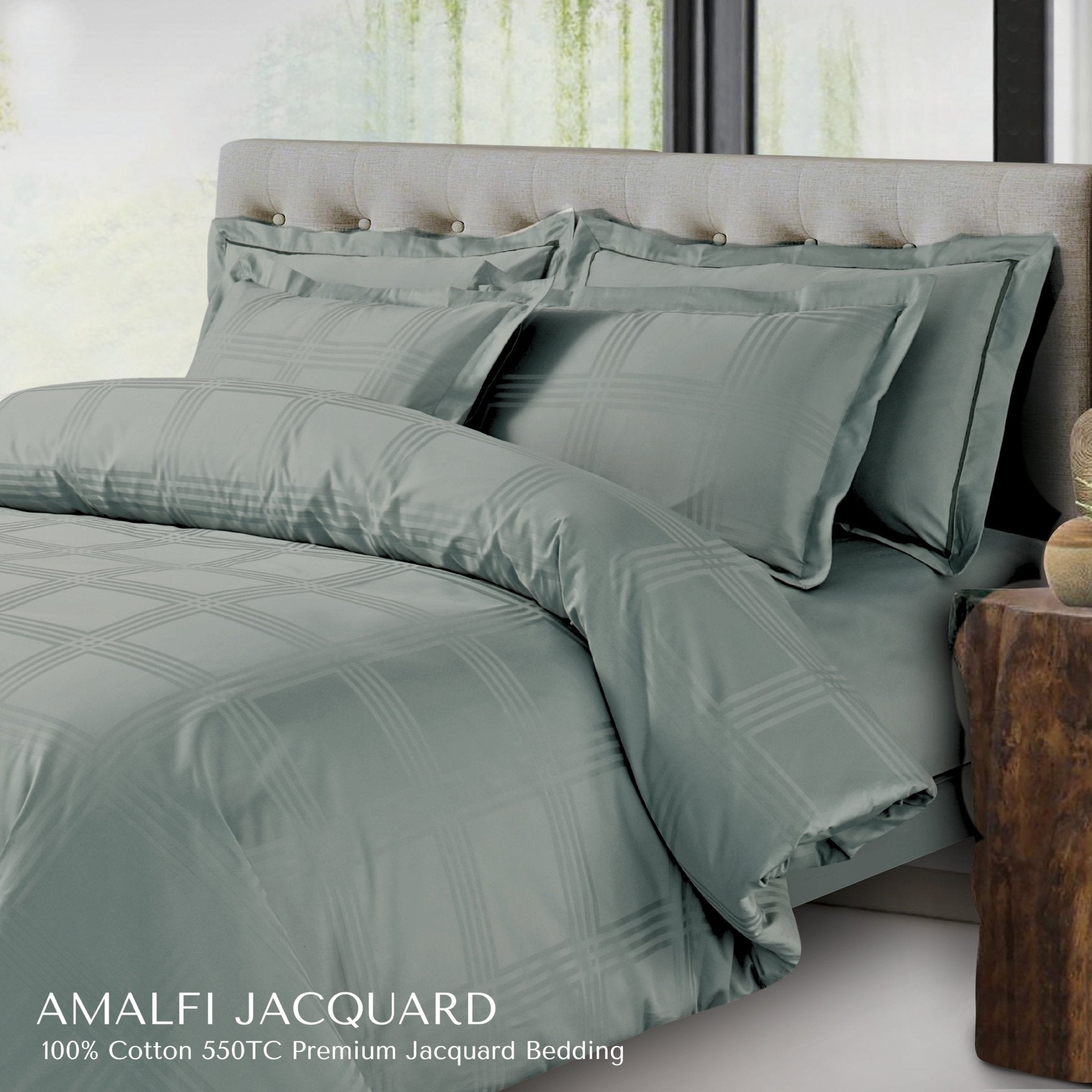 Malako Amalfi Jacquard Olive Green Checks 550 TC 100% Cotton King Size Bedding - MALAKO