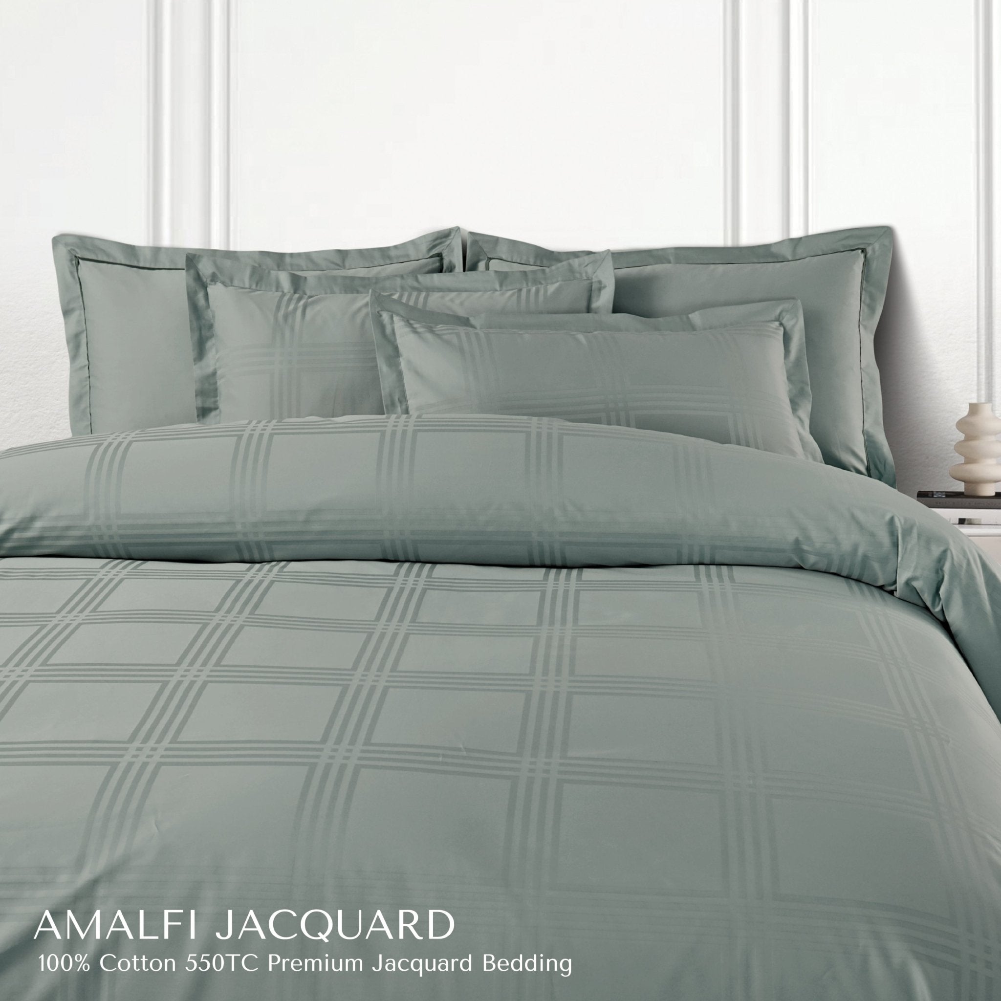 Malako Amalfi Jacquard Olive Green Checks 550 TC 100% Cotton King Size Bedding - MALAKO