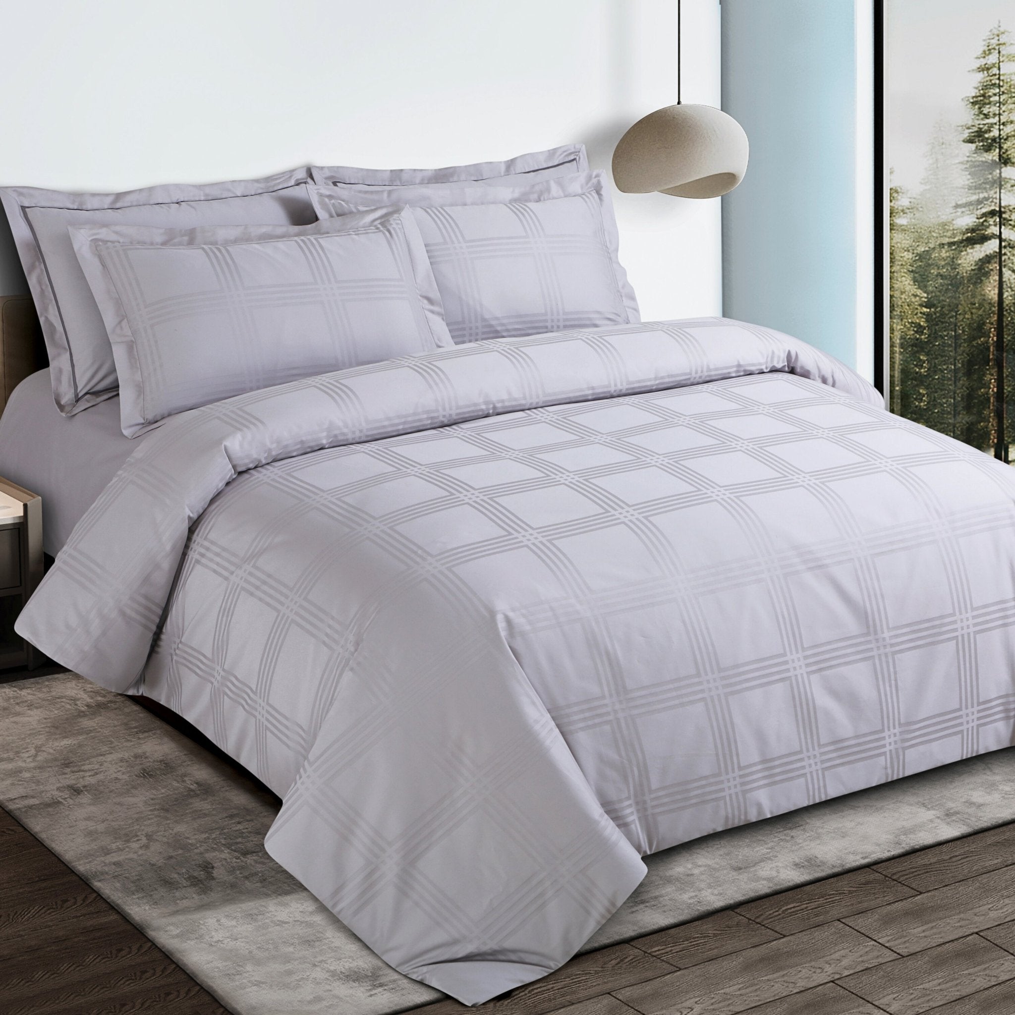 Malako Amalfi Jacquard Silver Grey Checks 550 TC 100% Cotton King Size Bedding - MALAKO