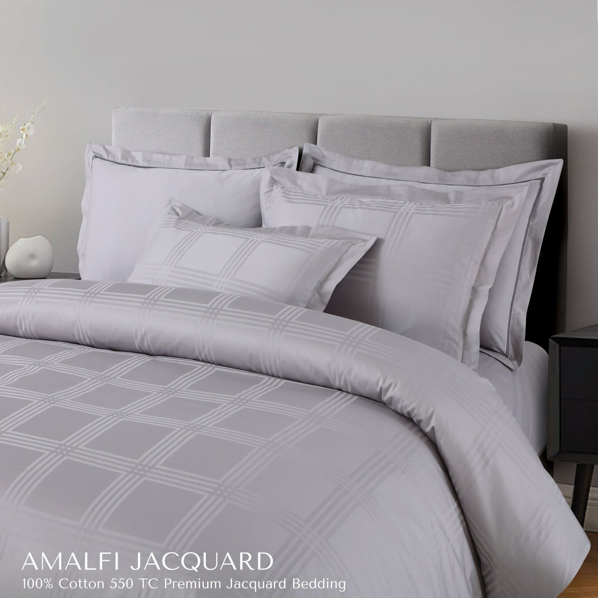 Malako Amalfi Jacquard Silver Grey Checks 550 TC 100% Cotton King Size Bedding - MALAKO