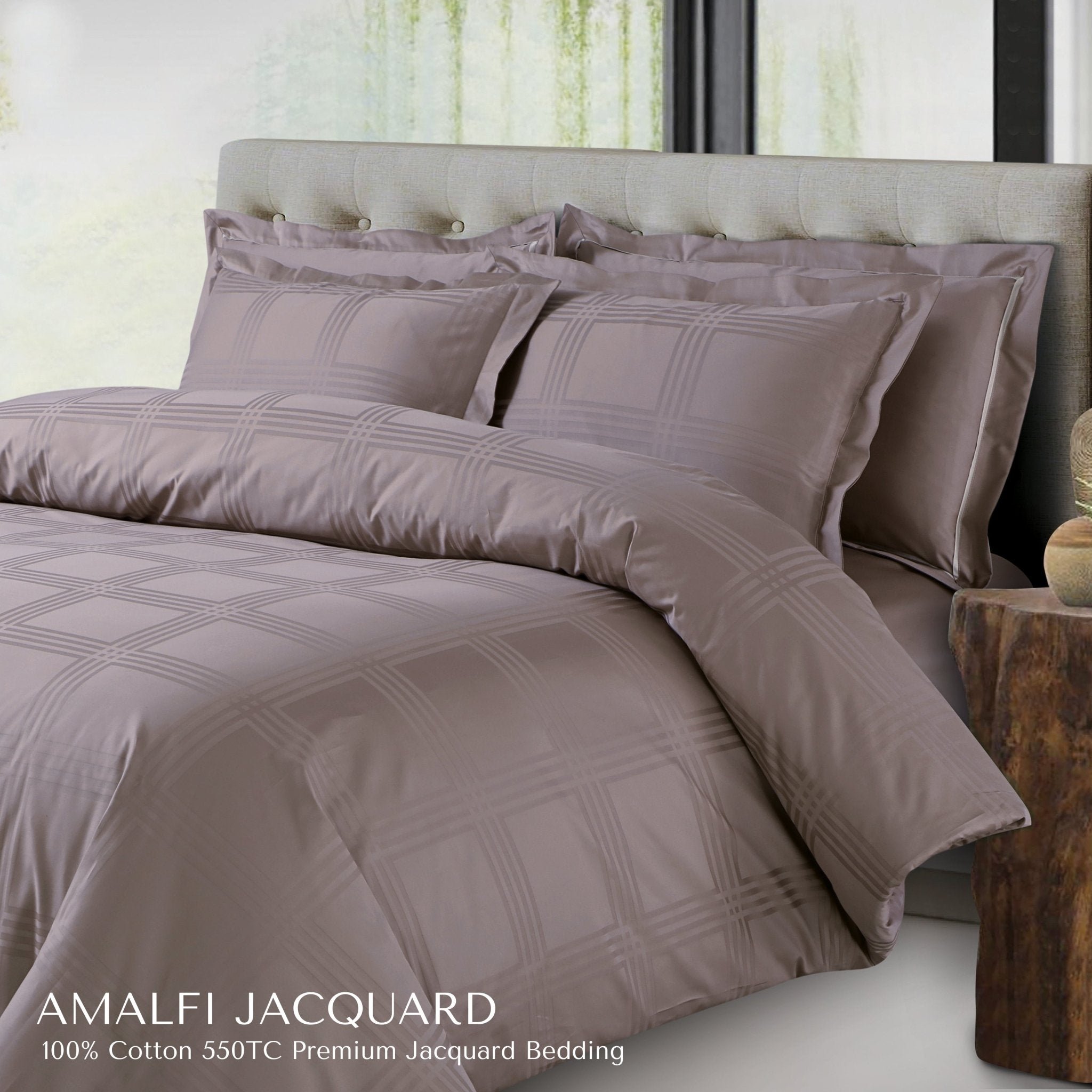 Malako Amalfi Jacquard Taupe Brown Checks 550 TC 100% Cotton King Size Bedding - MALAKO