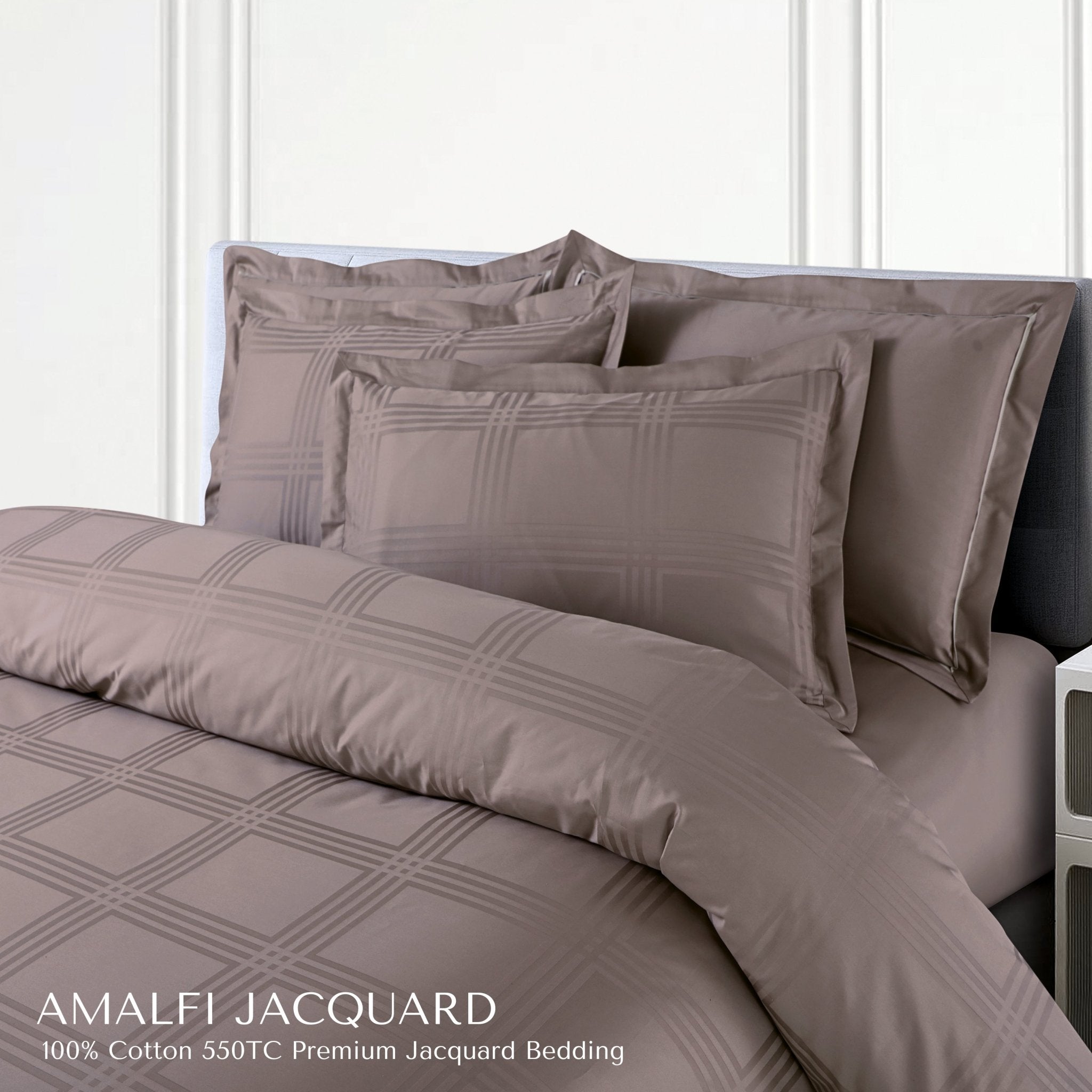 Malako Amalfi Jacquard Taupe Brown Checks 550 TC 100% Cotton King Size Bedding - MALAKO