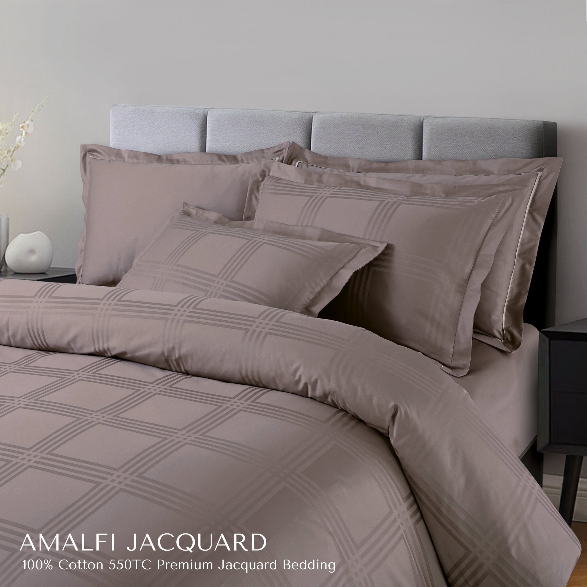 Malako Amalfi Jacquard Taupe Brown Checks 550 TC 100% Cotton King Size Bedding - MALAKO