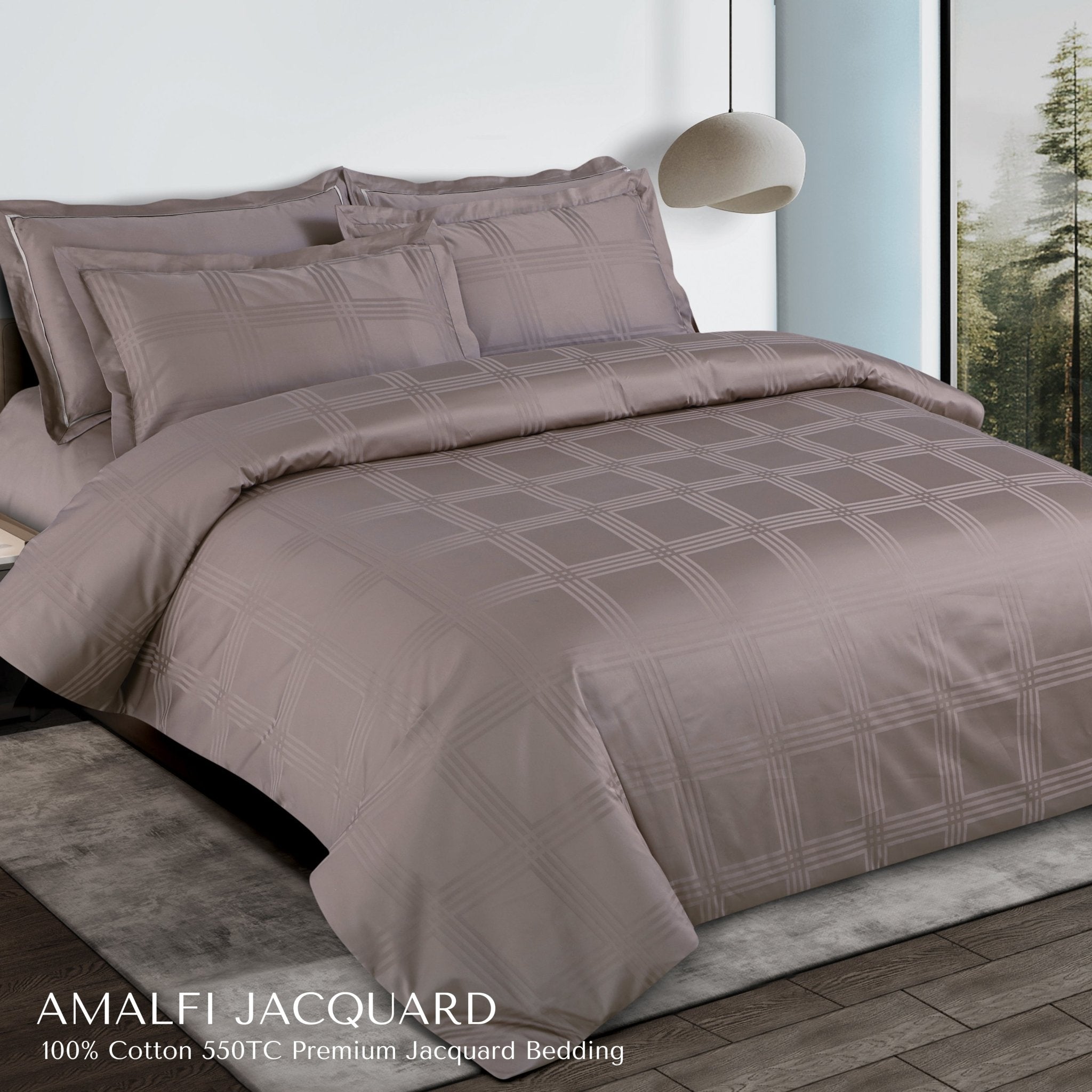 Malako Amalfi Jacquard Taupe Brown Checks 550 TC 100% Cotton King Size Bedding - MALAKO