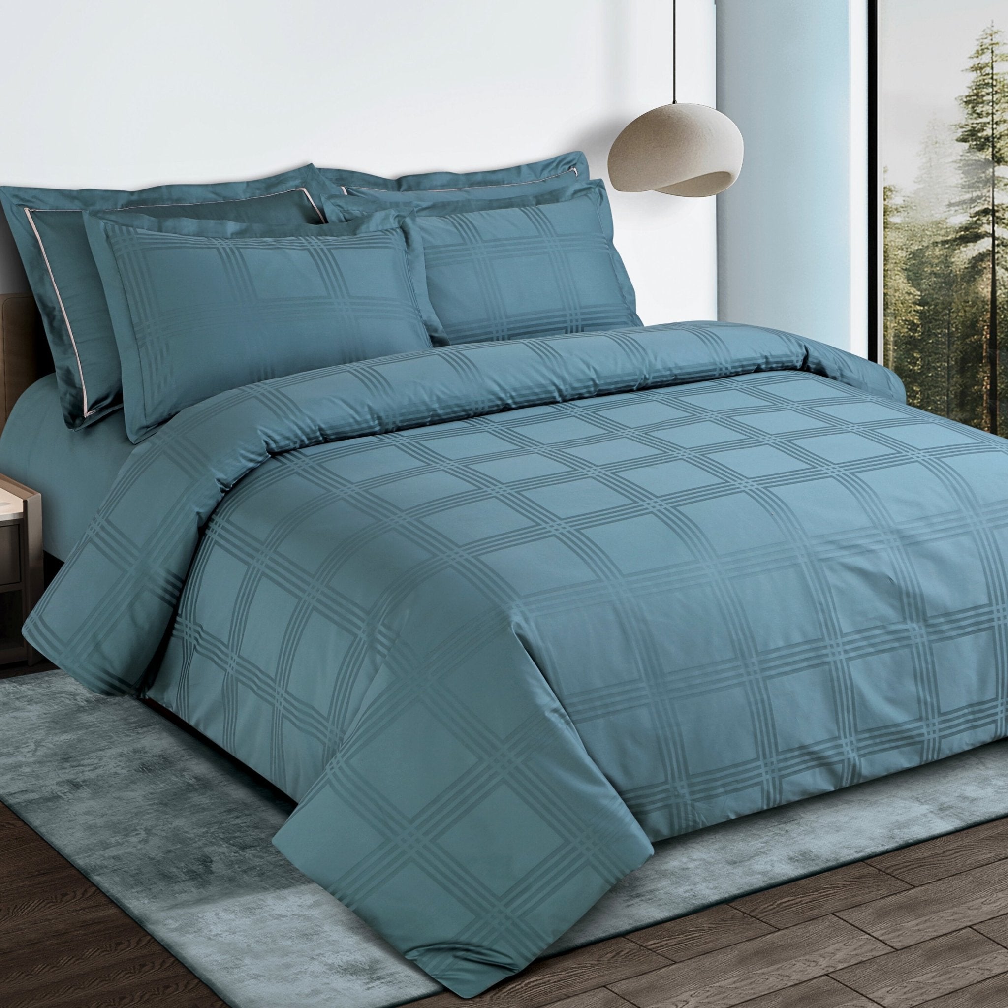 Malako Amalfi Jacquard Teal Green Checks 550 TC 100% Cotton King Size Bedding - MALAKO