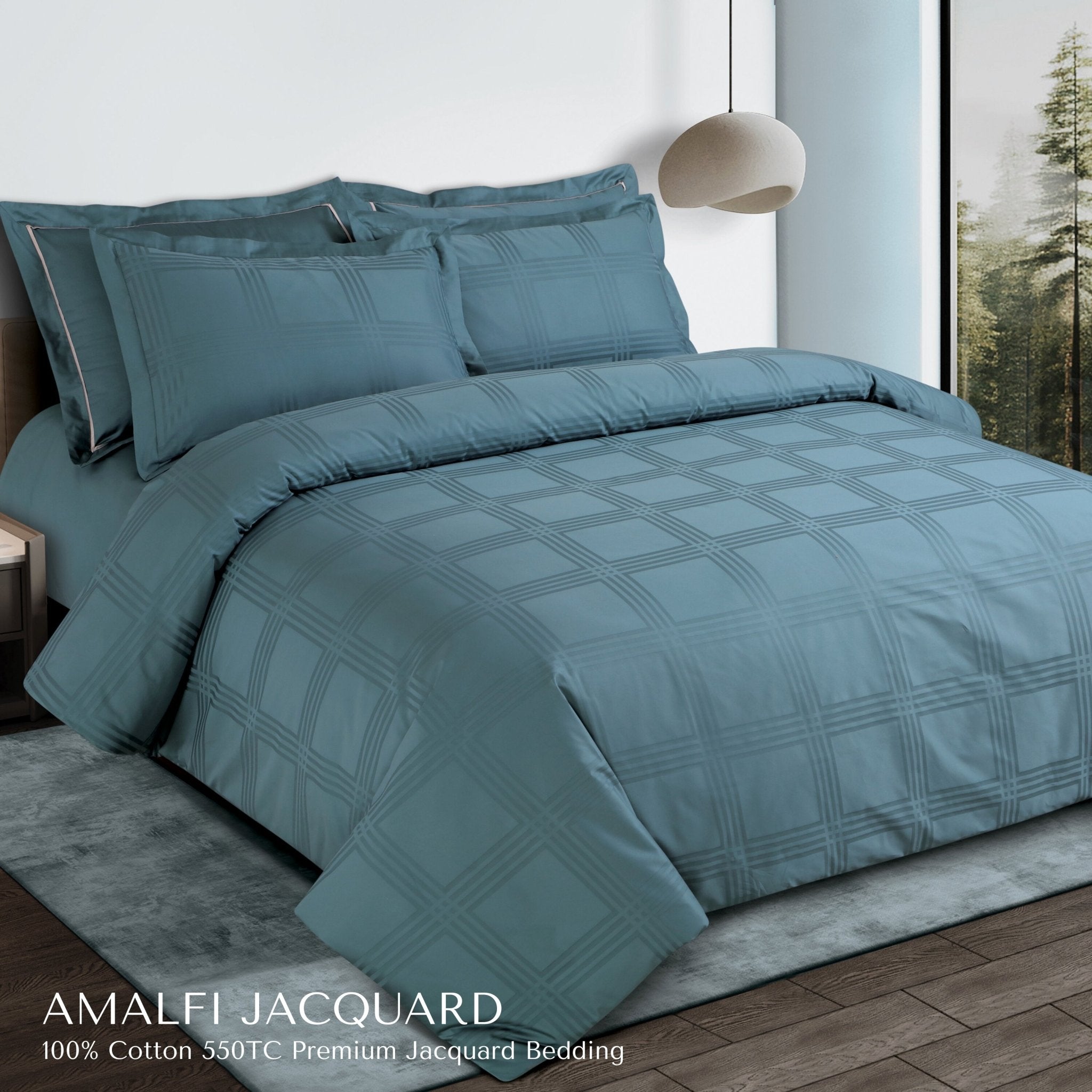 Malako Amalfi Jacquard Teal Green Checks 550 TC 100% Cotton King Size Bedding - MALAKO