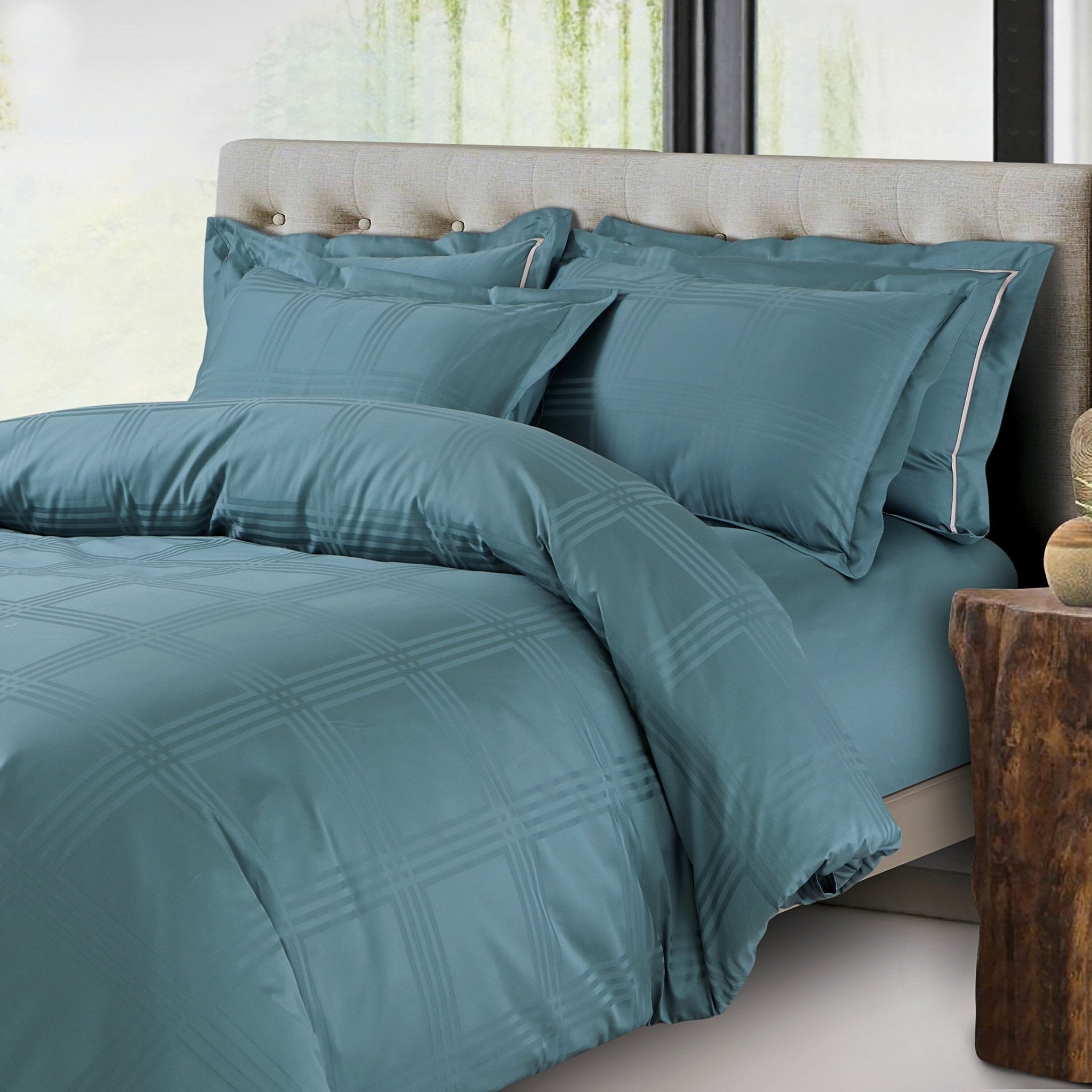 Malako Amalfi Jacquard Teal Green Checks 550 TC 100% Cotton King Size Bedding - MALAKO