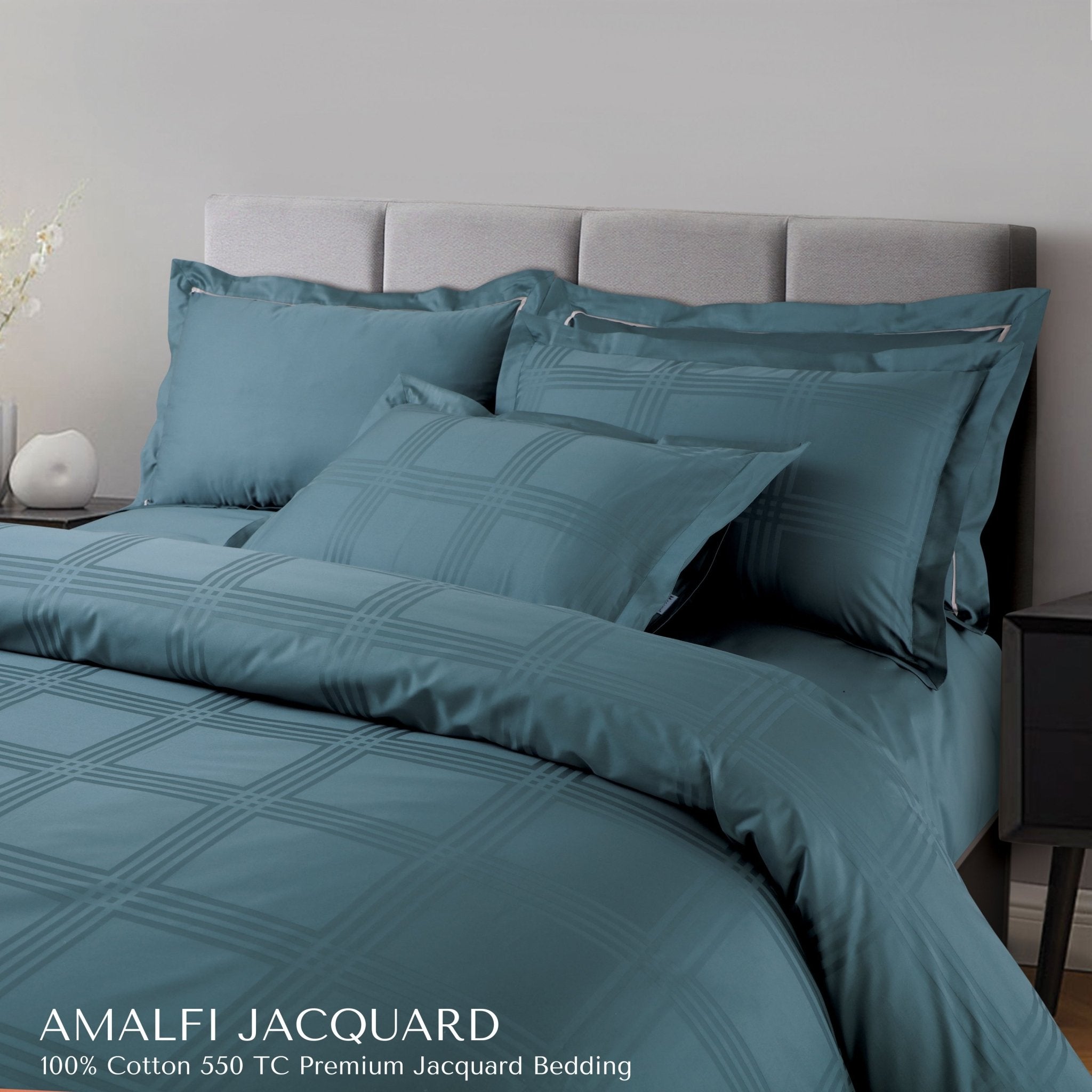 Malako Amalfi Jacquard Teal Green Checks 550 TC 100% Cotton King Size Bedding - MALAKO