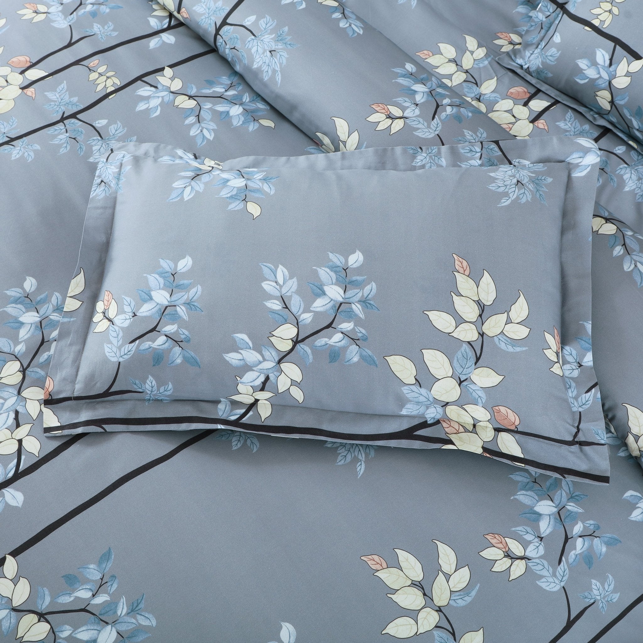 Malako Basel Blue/Grey Botanic 100% Cotton King Size Bedding Set - MALAKO