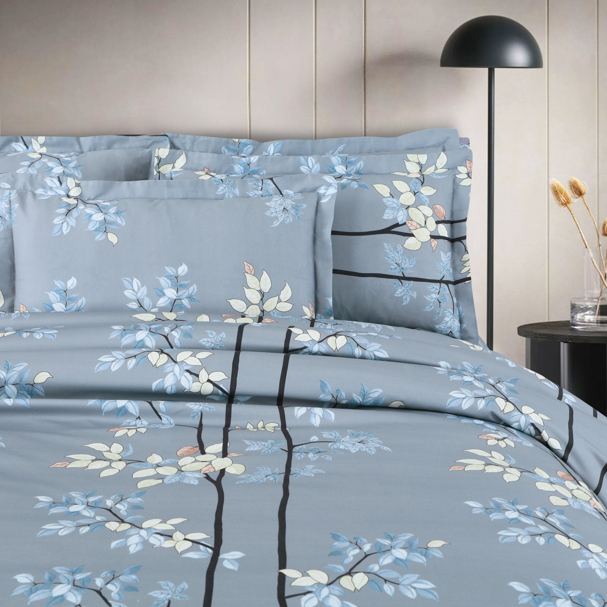 Malako Basel Blue/Grey Botanic 100% Cotton King Size Bedding Set - MALAKO