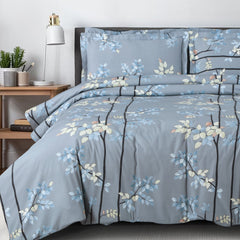 Malako Basel Blue/Grey Botanic 100% Cotton King Size Bedding Set - MALAKO