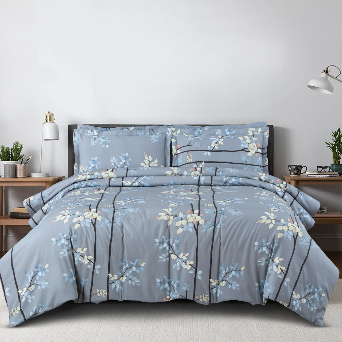 Malako Basel Blue/Grey Botanic 100% Cotton King Size Bedding Set - MALAKO