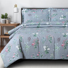 Malako Basel Blue/Grey Floral 100% Cotton King Size Bedding Set - MALAKO