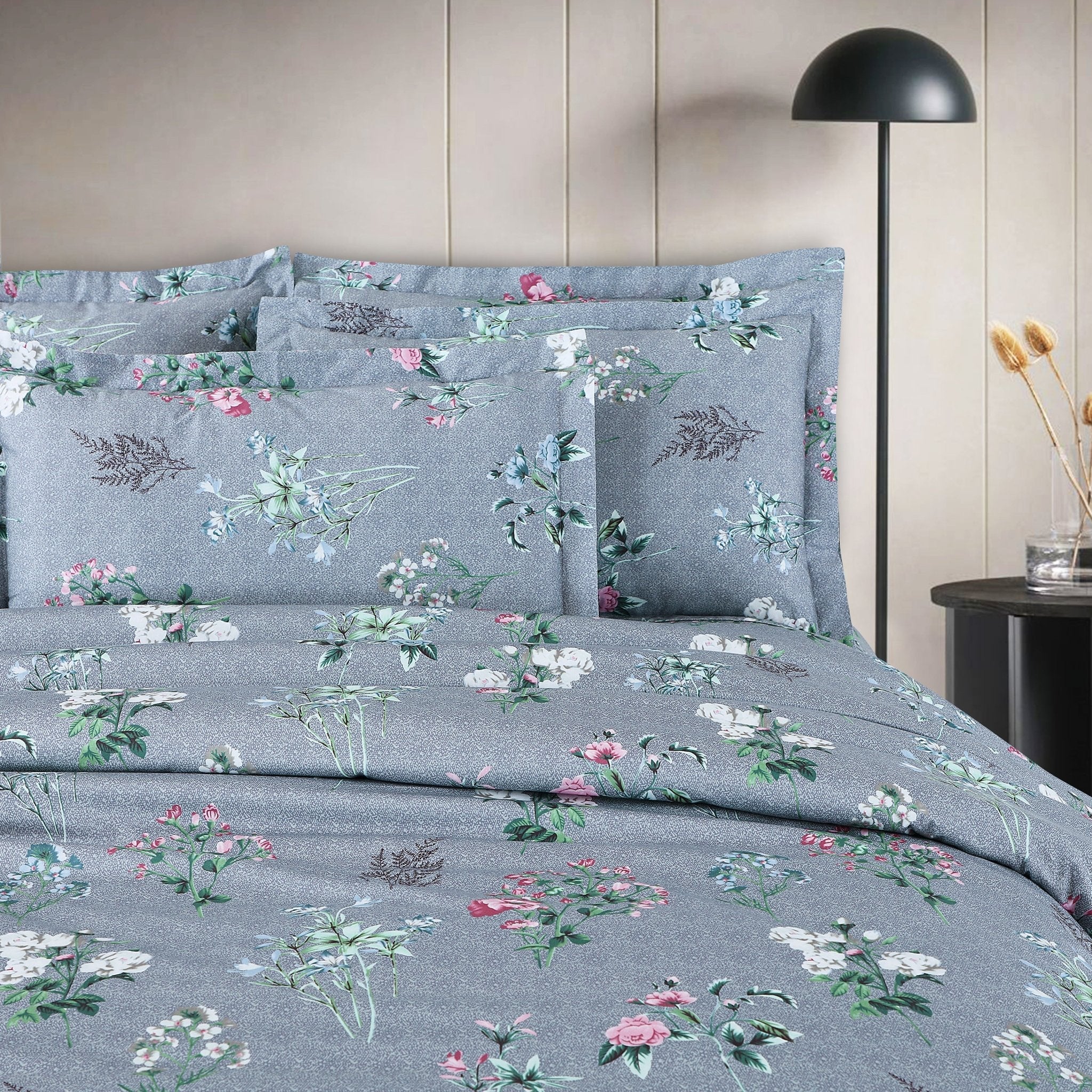 Malako Basel Blue/Grey Floral 100% Cotton King Size Bedding Set - MALAKO