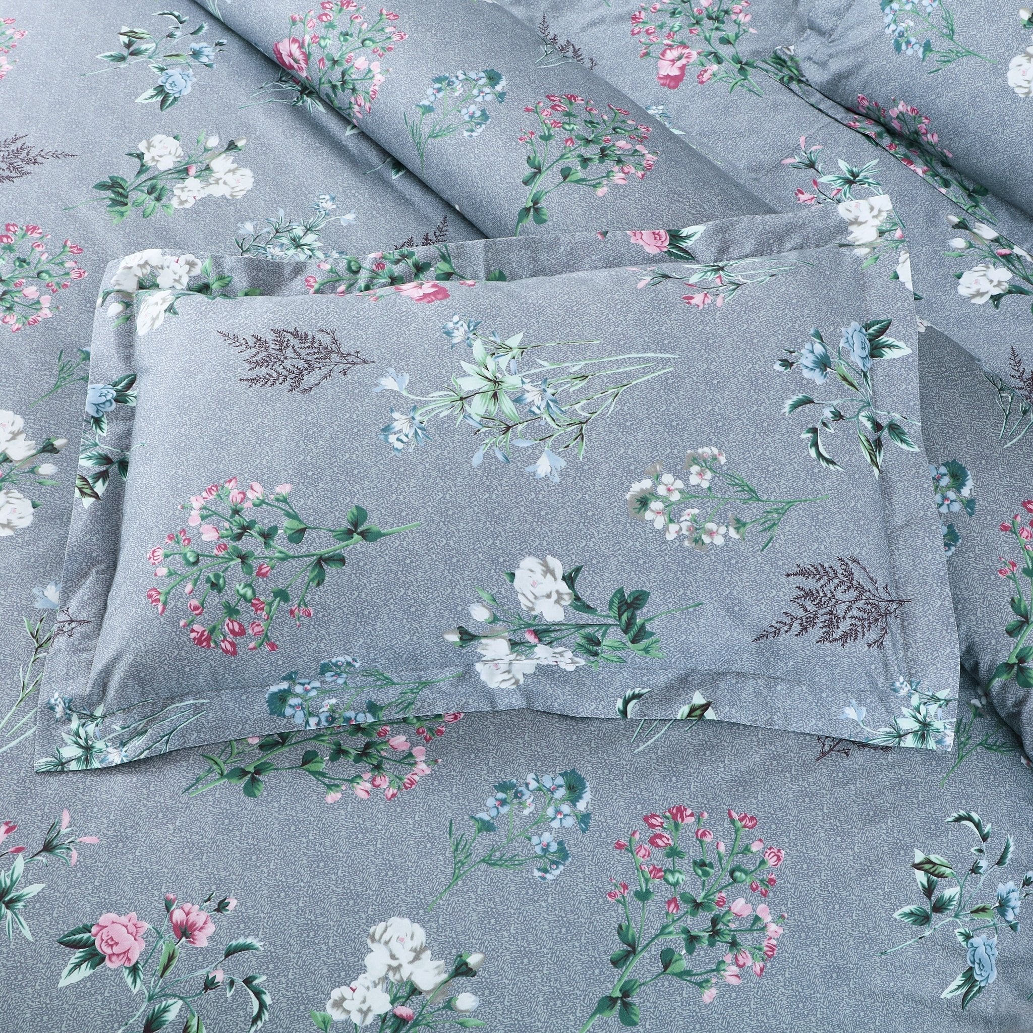 Malako Basel Blue/Grey Floral 100% Cotton King Size Bedding Set - MALAKO