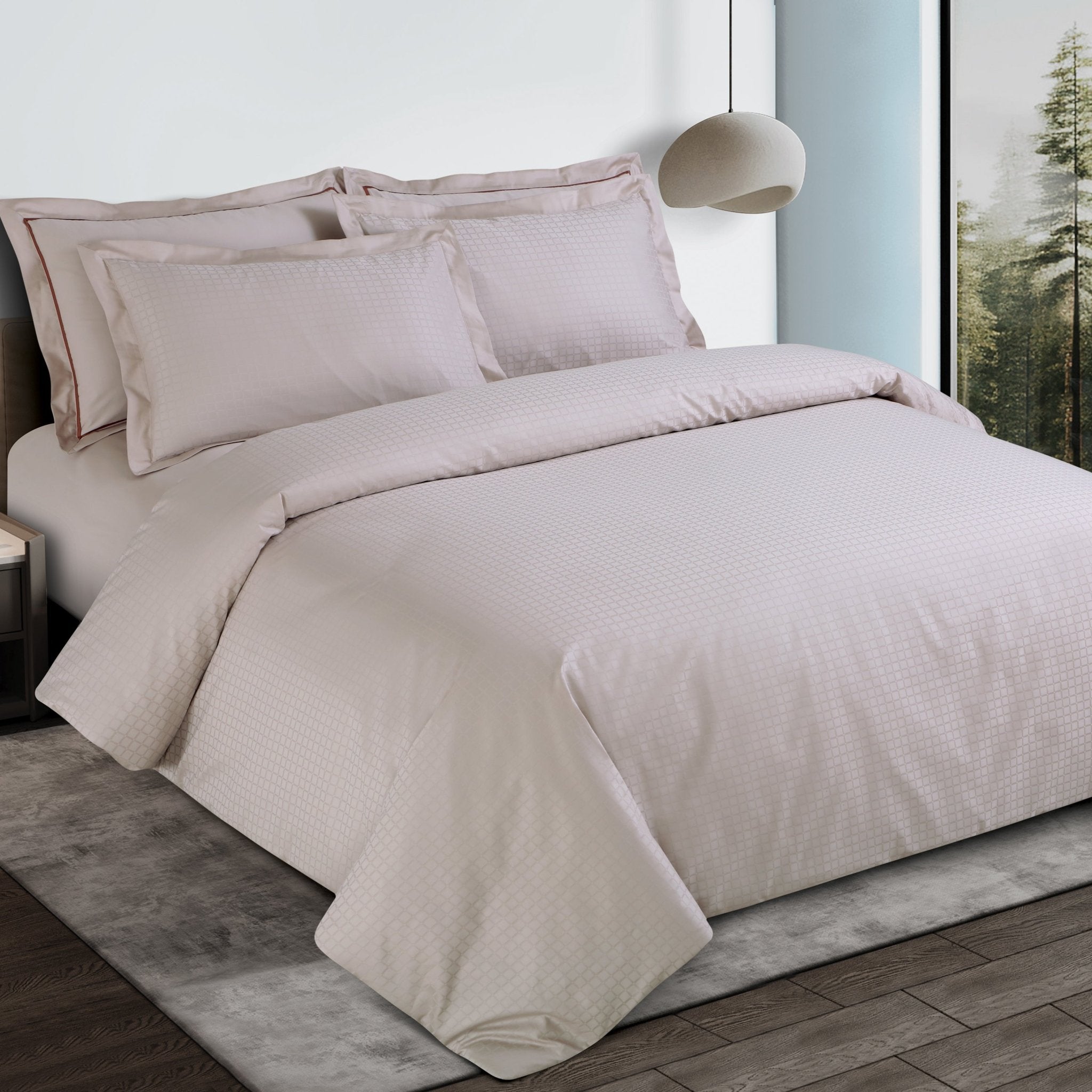 Malako Como Jacquard Almond Beige Checks 550 TC 100% Cotton King Size Bedding - MALAKO