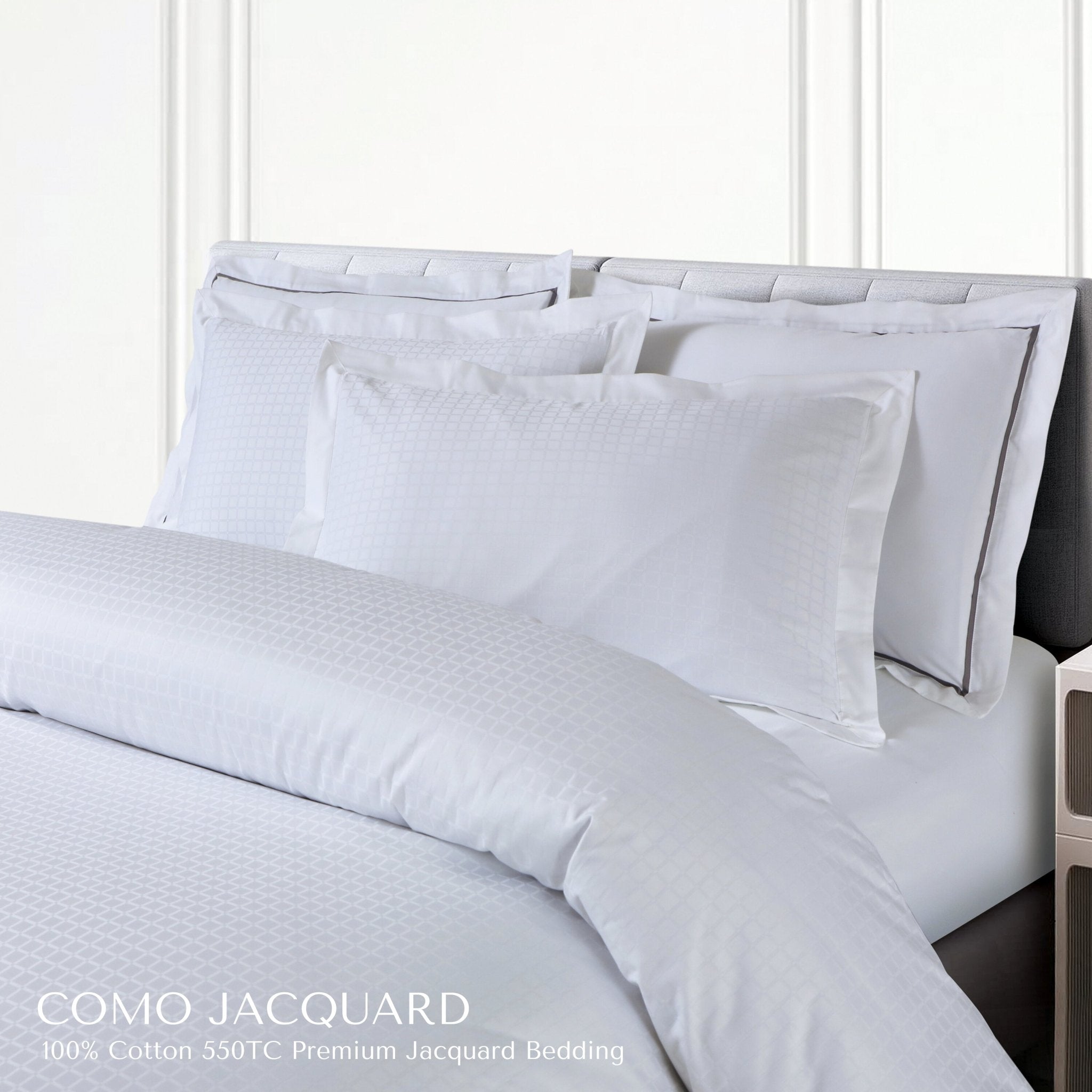 Malako Como Jacquard Brilliant White Checks 550 TC 100% Cotton King Size Bedding - MALAKO