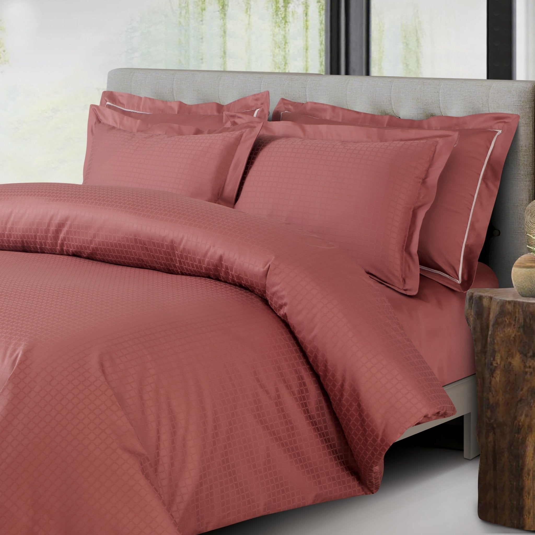 Malako Como Jacquard Cedar/Rust Checks 550 TC 100% Cotton King Size Bedding - MALAKO