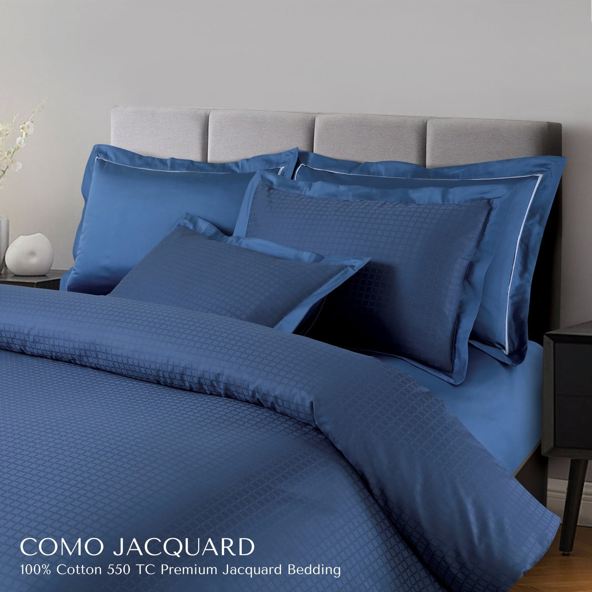 Malako Como Jacquard Majolica Blue Checks 550 TC 100% Cotton King Size Bedding - MALAKO