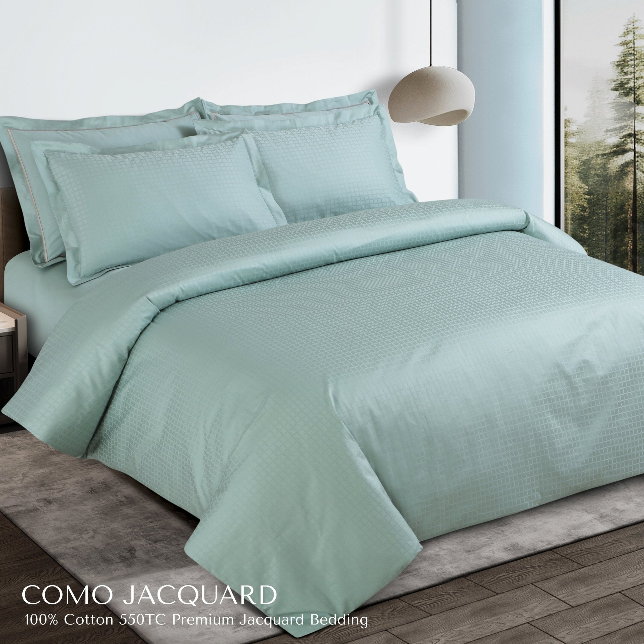 Malako Como Jacquard Mint Green Checks 550 TC 100% Cotton King Size Bedding - MALAKO