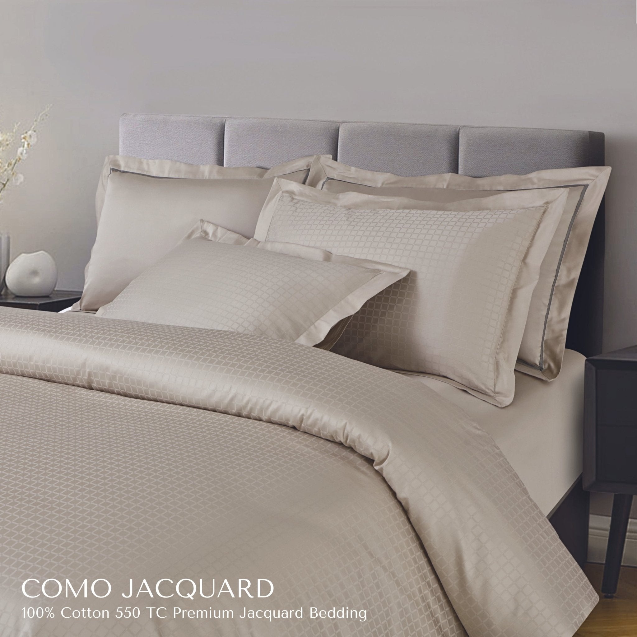 Malako Como Jacquard Olive Beige Checks 550 TC 100% Cotton King Size Bedding - MALAKO