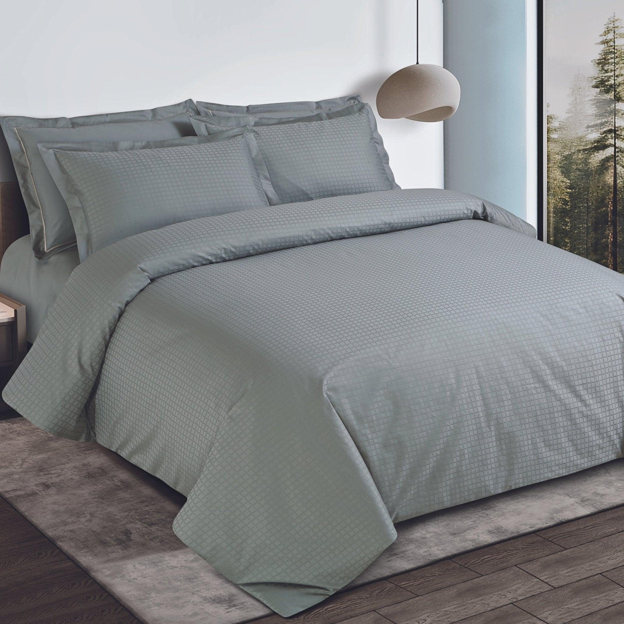 Malako Como Jacquard Olive Green Checks 550 TC 100% Cotton King Size Bedding - MALAKO