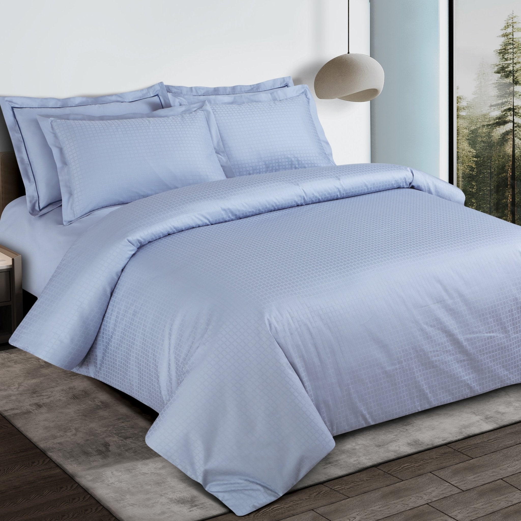 Malako Como Jacquard Pigeon Blue Checks 550 TC 100% Cotton King Size Bedding - MALAKO