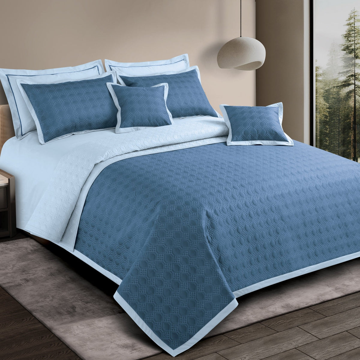 Malako Luxe 550 TC 100% Cotton Blue & Pigeon Blue Solid King Size Reversible Bedspread Set - MALAKO