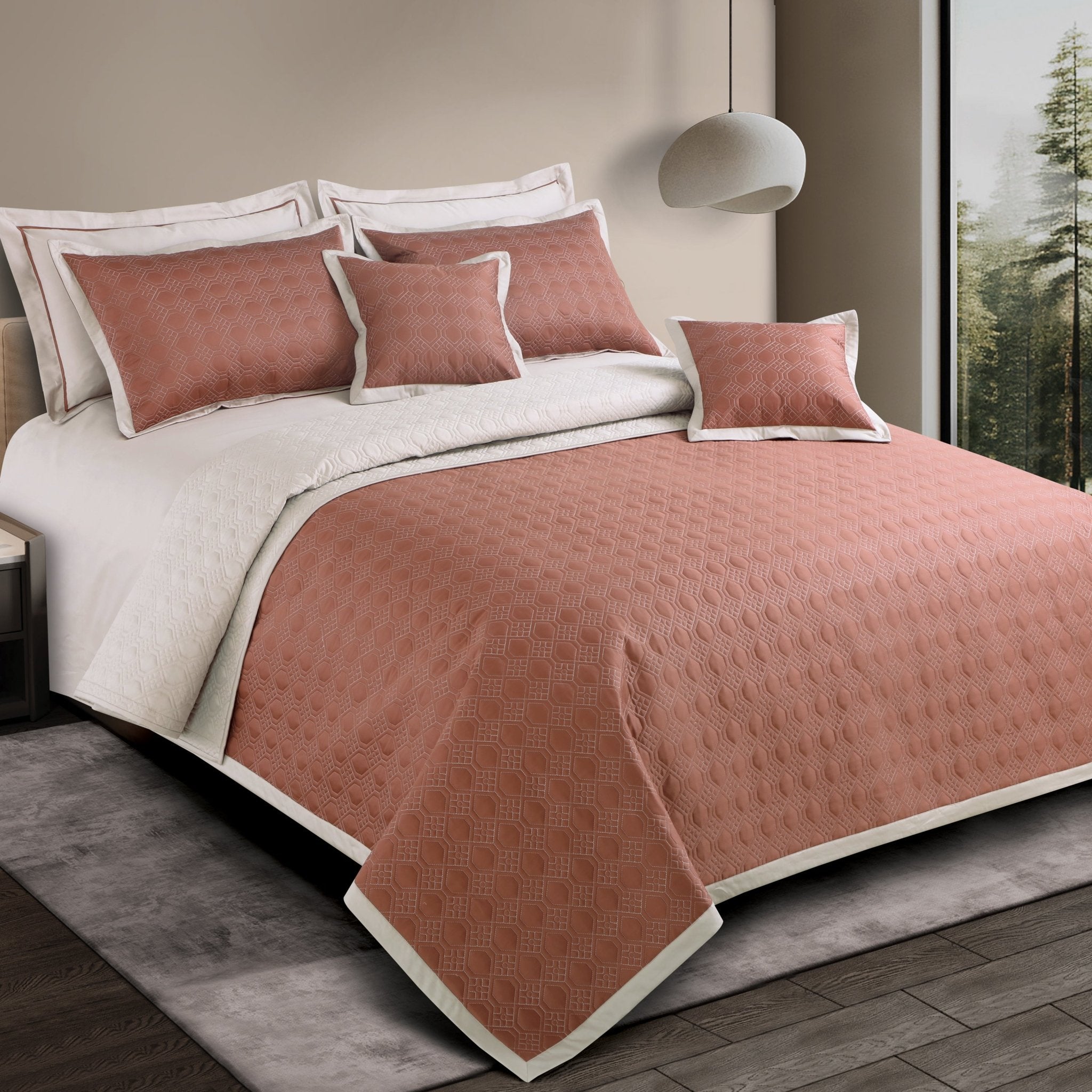 Malako Luxe 550 TC 100% Cotton Cedar & Beige Solid King Size Reversible Bedspread Set - MALAKO