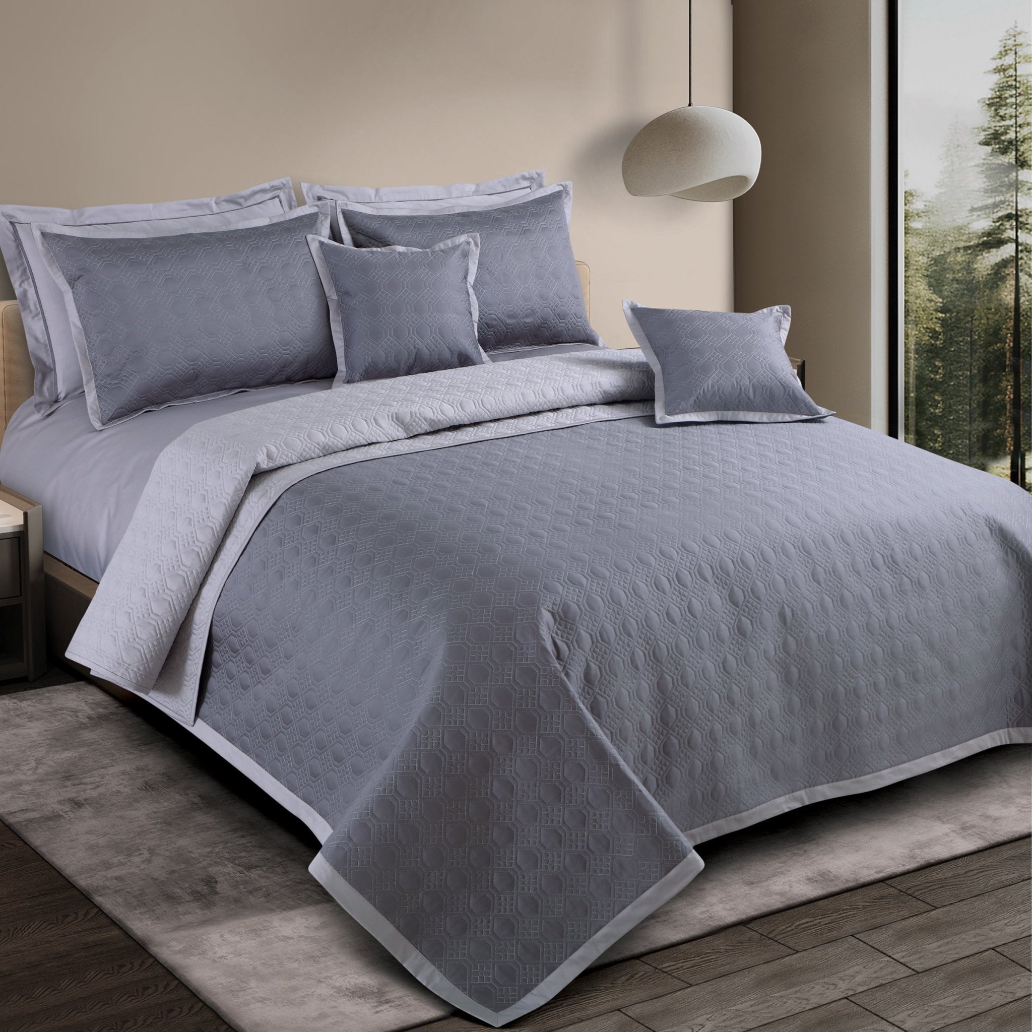 Malako Luxe 550 TC 100% Cotton Grey & Silver Grey Solid King Size Reversible Bedspread Set - MALAKO