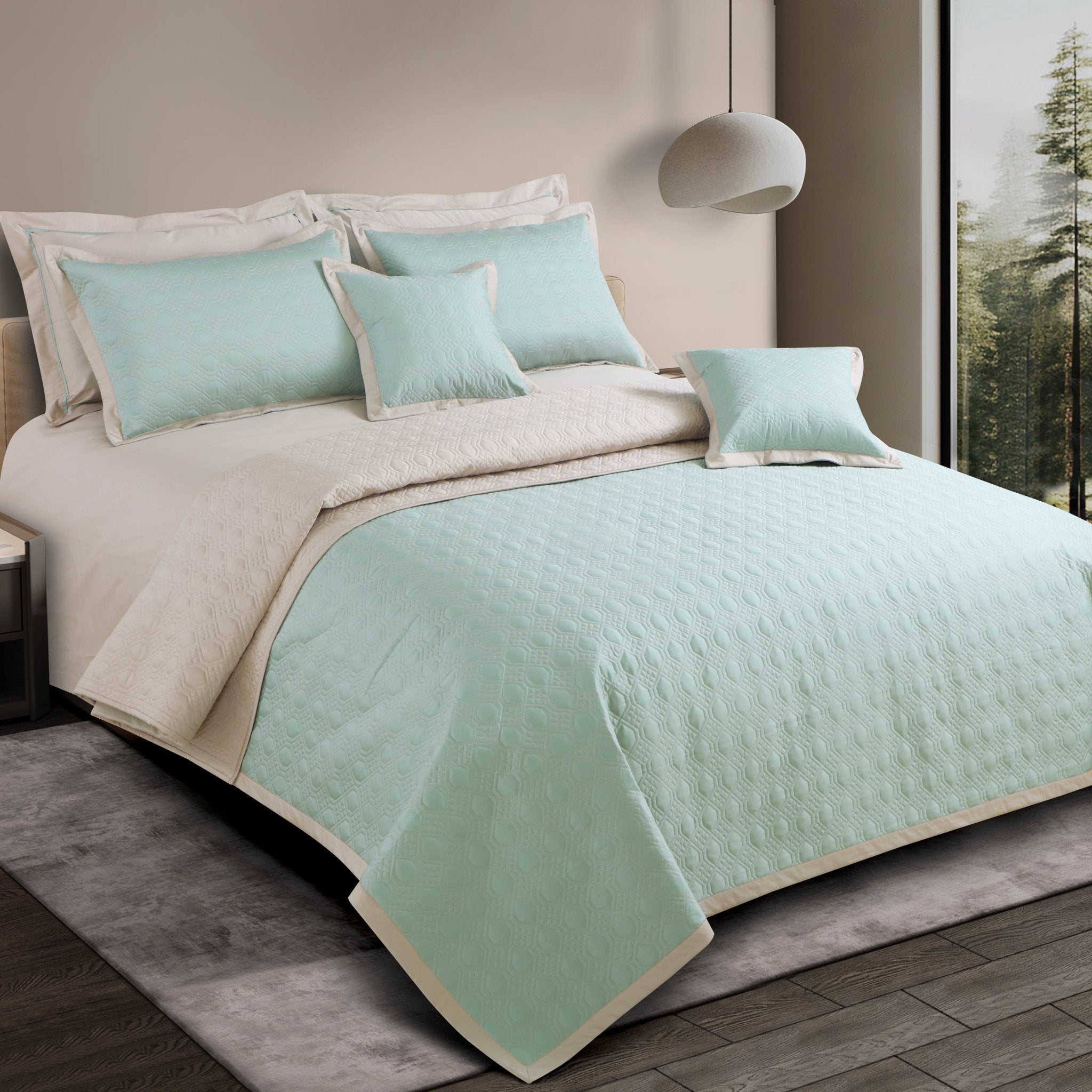 Malako Luxe 550 TC 100% Cotton Mint Green & Beige Solid King Size Reversible Bedspread Set - MALAKO