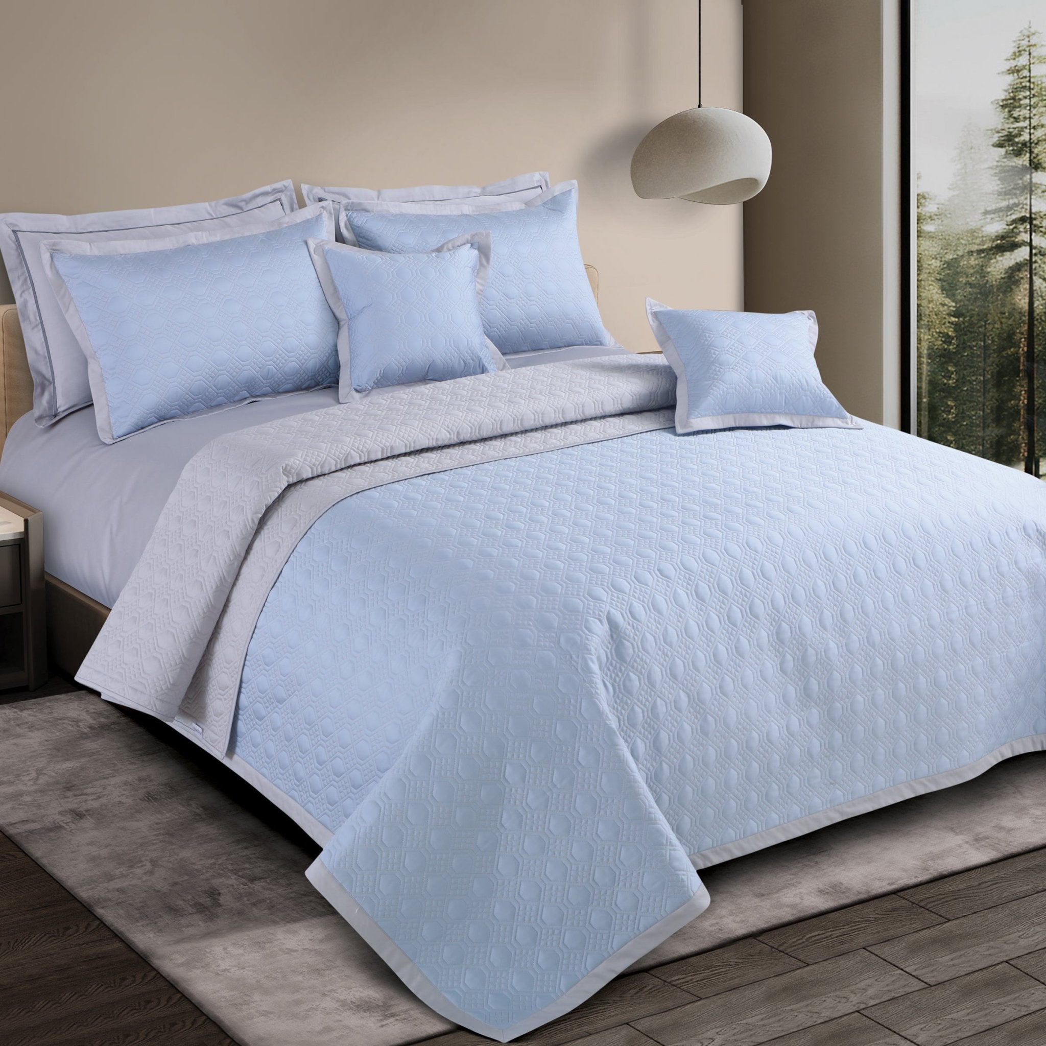 Malako Luxe 550 TC 100% Cotton Pigeon Blue & Silver Grey Solid King Size Reversible Bedspread Set - MALAKO