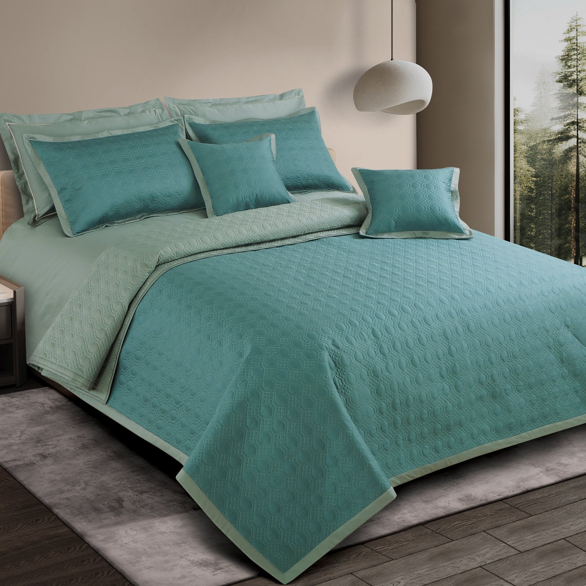 Malako Luxe 550 TC 100% Cotton Teal & Olive Green Solid King Size Reversible Bedspread Set - MALAKO